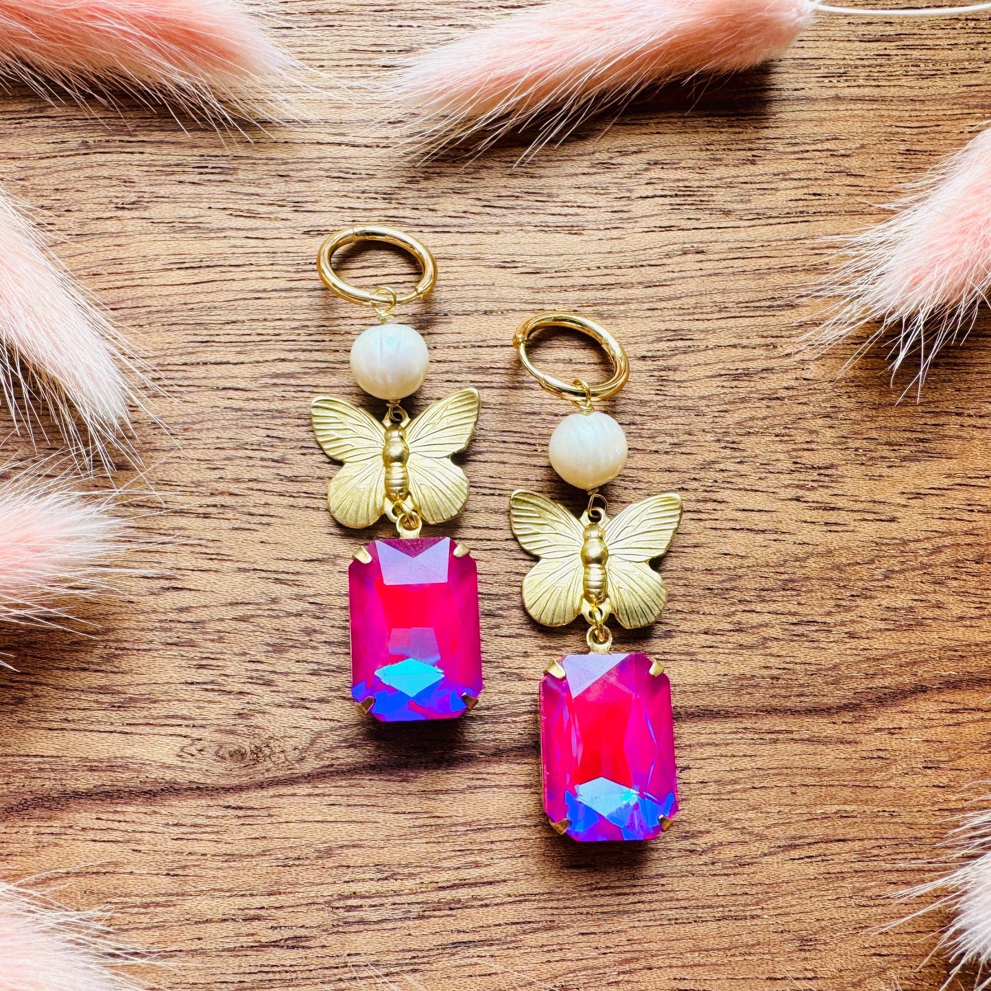 Butterfly Earrings, Pearl Earrings, Pink Earrings, Boho Hippie Jewelry, Huggie Hoops, Coquette Earrings Dangle, Galentine’s Gift for Friends