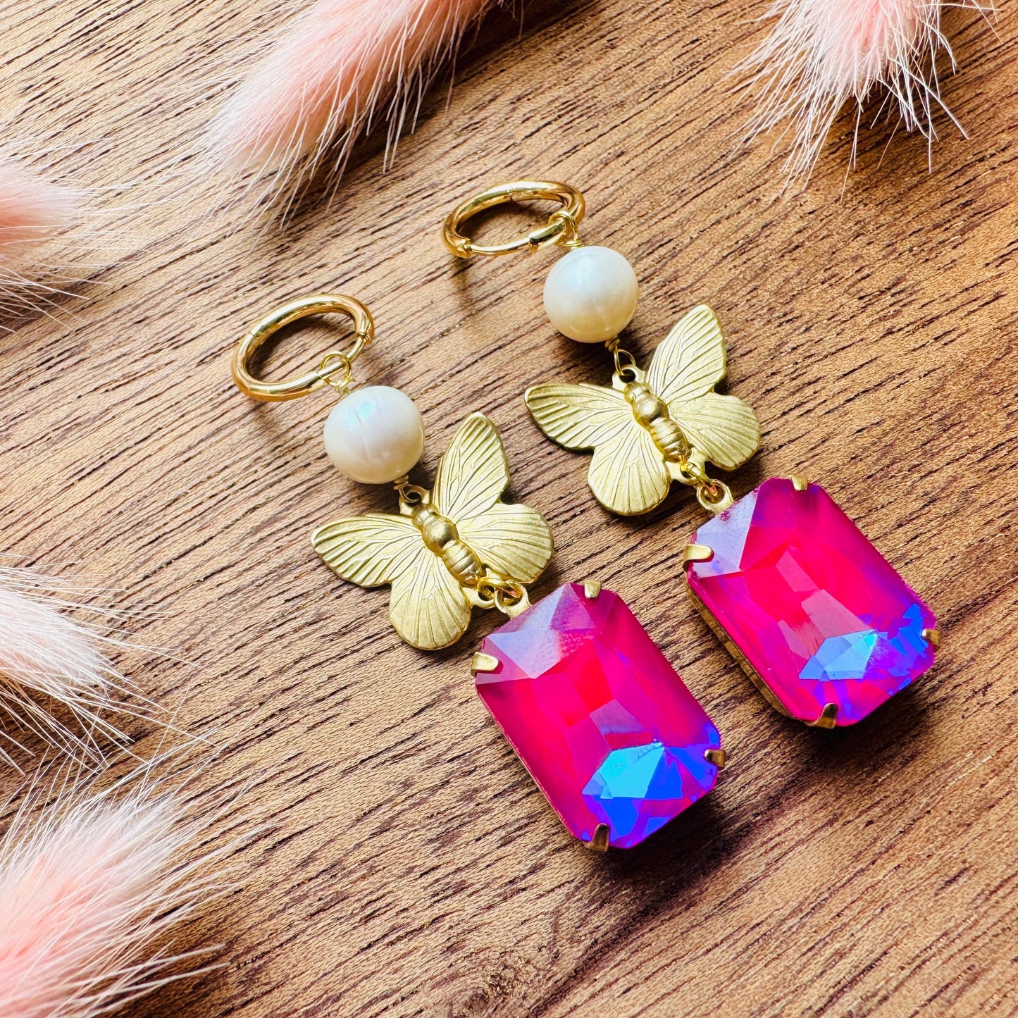 Butterfly Earrings, Pearl Earrings, Pink Earrings, Boho Hippie Jewelry, Huggie Hoops, Coquette Earrings Dangle, Galentine’s Gift for Friends