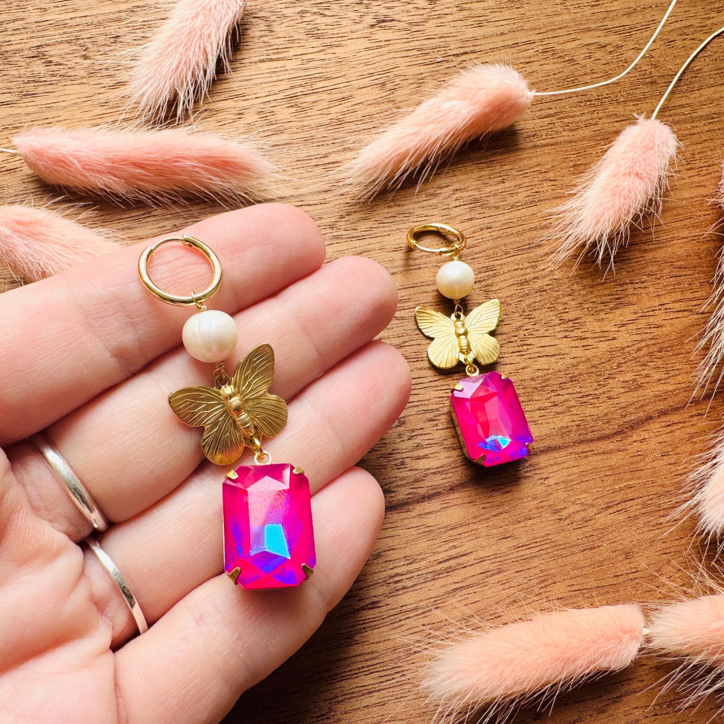 Butterfly Earrings, Pearl Earrings, Pink Earrings, Boho Hippie Jewelry, Huggie Hoops, Coquette Earrings Dangle, Galentine’s Gift for Friends