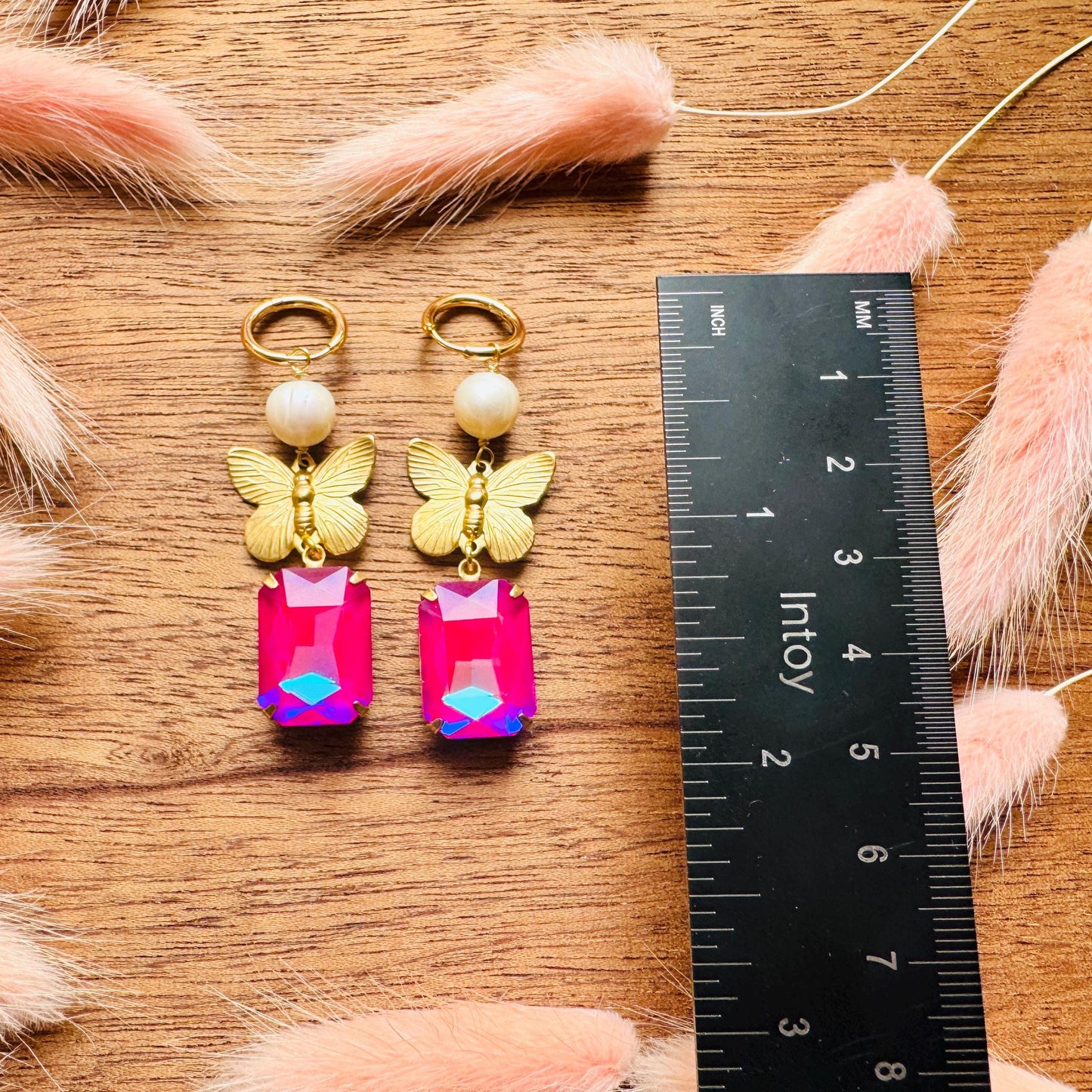 Butterfly Earrings, Pearl Earrings, Pink Earrings, Boho Hippie Jewelry, Huggie Hoops, Coquette Earrings Dangle, Galentine’s Gift for Friends