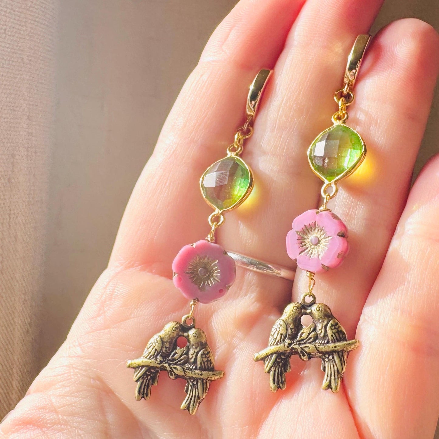 Bird Earrings, Flower Jewelry, Fairycore Jewelry Gold, Science Teacher Gift, Bridal Jewelry, Boho Chic Earrings, Galentines Gift for Friends