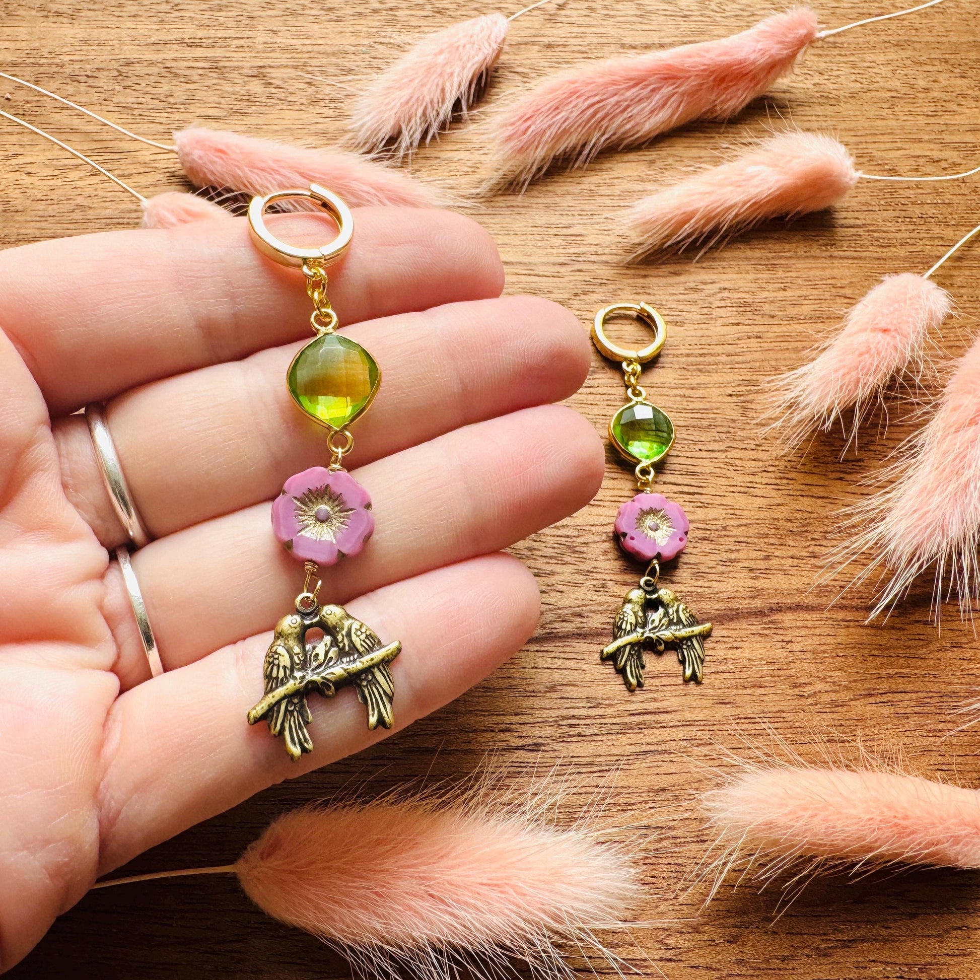 Bird Earrings, Flower Jewelry, Fairycore Jewelry Gold, Science Teacher Gift, Bridal Jewelry, Boho Chic Earrings, Galentines Gift for Friends