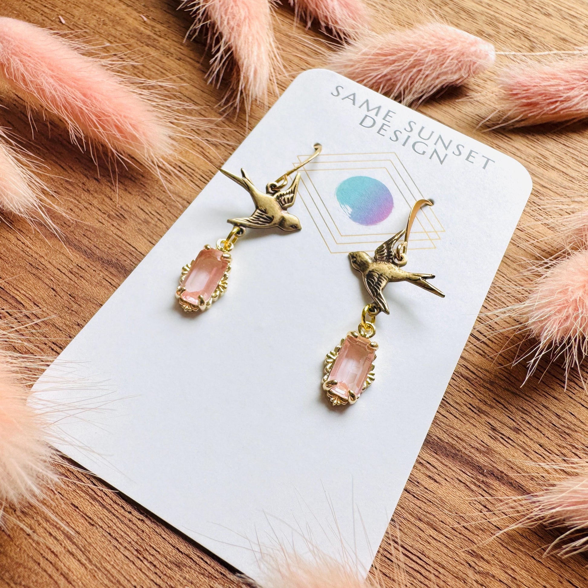 Bird Earrings, Flower Jewelry, Pink Earrings, Fairycore Jewelry Gold, Bridal Jewelry, Boho Chic Earrings, Galentines Gift for Friends