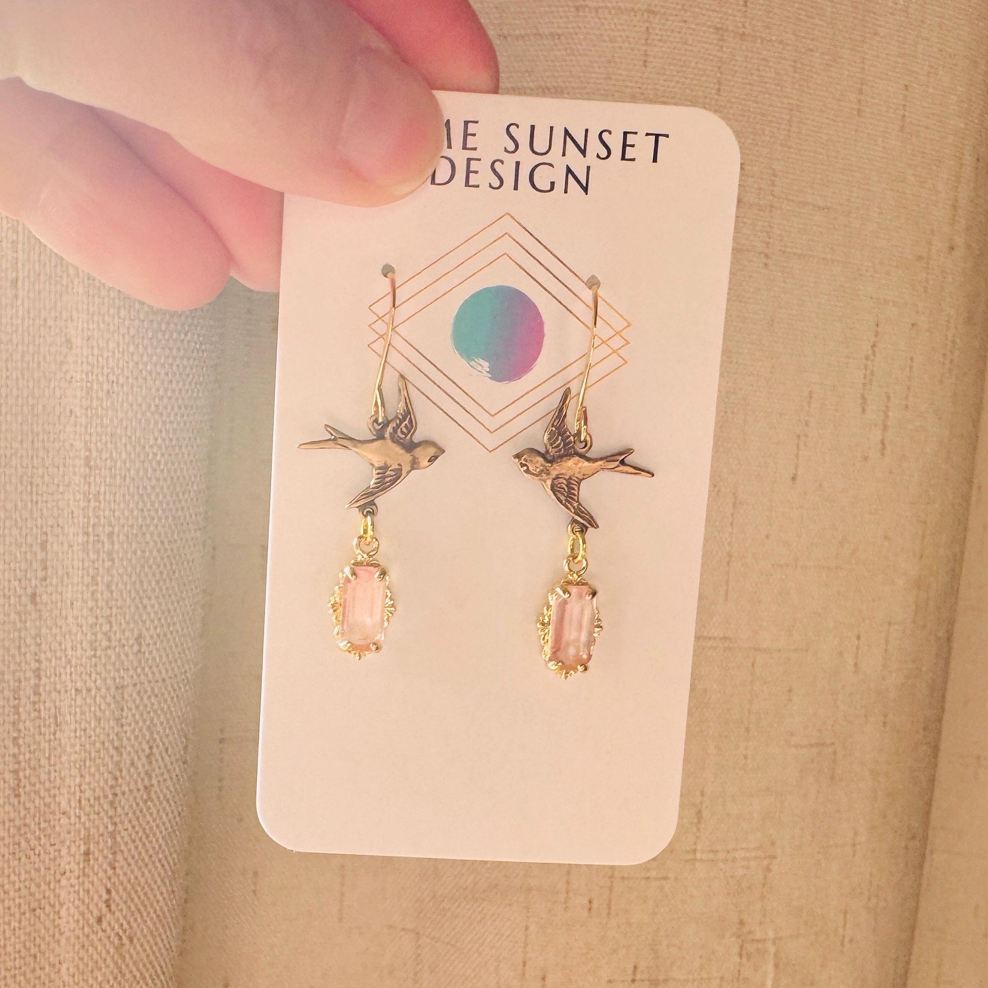 Bird Earrings, Flower Jewelry, Pink Earrings, Fairycore Jewelry Gold, Bridal Jewelry, Boho Chic Earrings, Galentines Gift for Friends