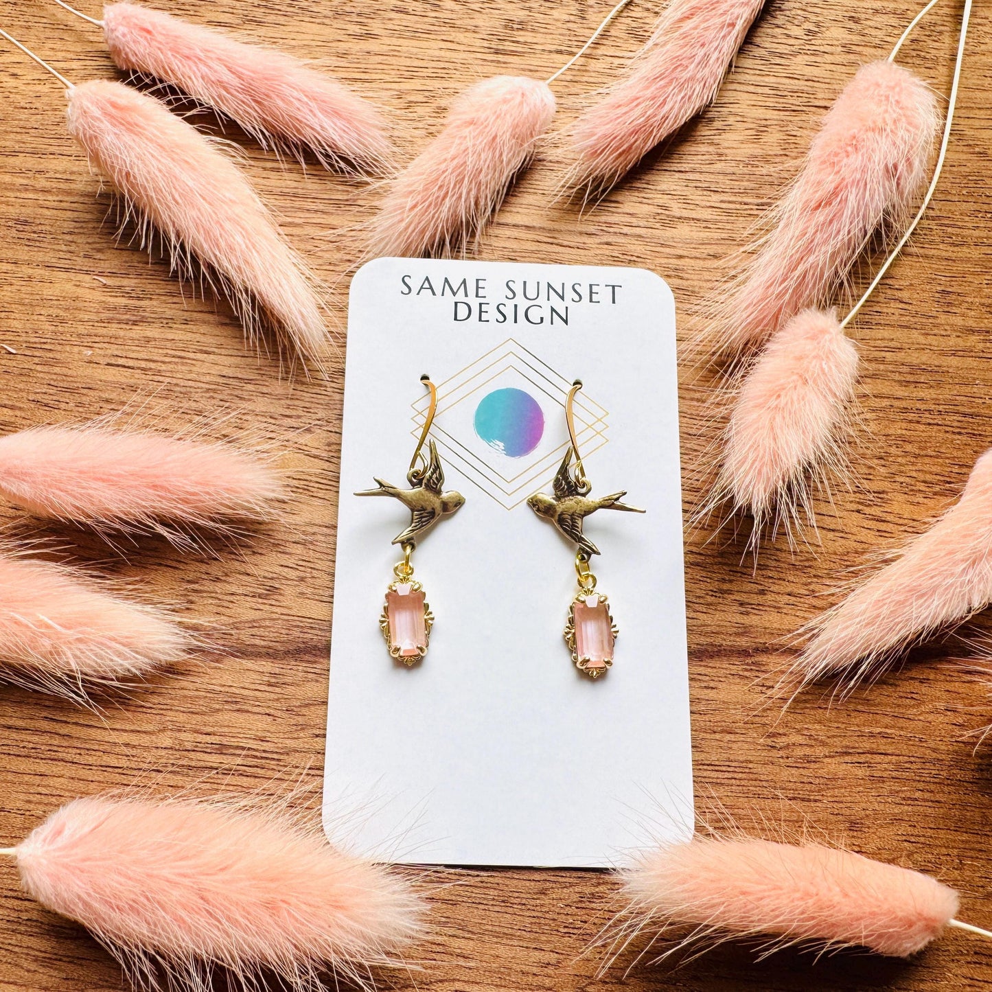 Bird Earrings, Flower Jewelry, Pink Earrings, Fairycore Jewelry Gold, Bridal Jewelry, Boho Chic Earrings, Galentines Gift for Friends