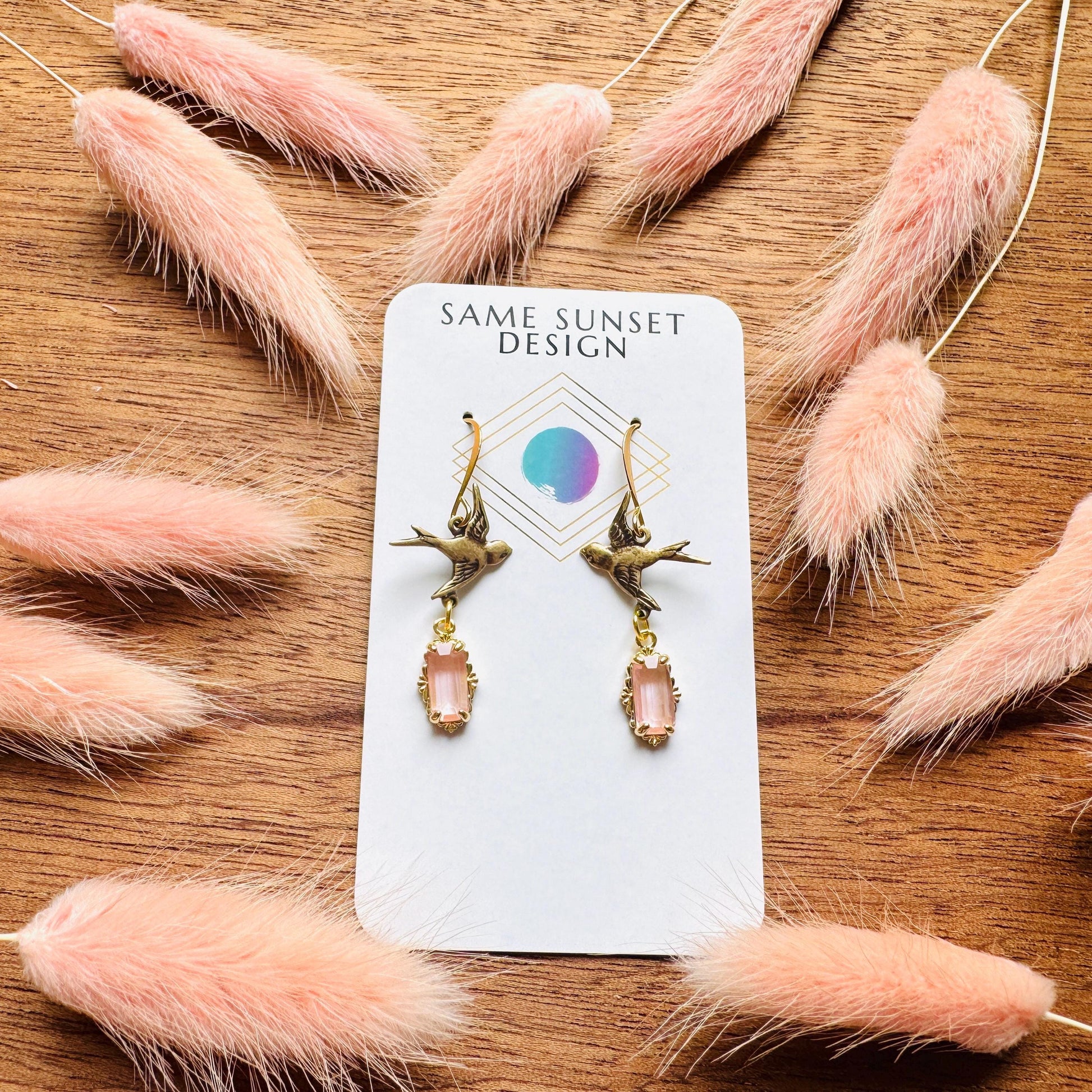 Bird Earrings, Flower Jewelry, Pink Earrings, Fairycore Jewelry Gold, Bridal Jewelry, Boho Chic Earrings, Galentines Gift for Friends