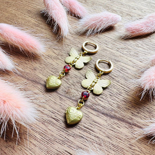 Heart Earrings Gold, Butterfly Earrings, Locket Earrings, Boho Hippie Jewelry, Boho Chic Earrings, Huggie Hoops, Galentines Gift for Friends