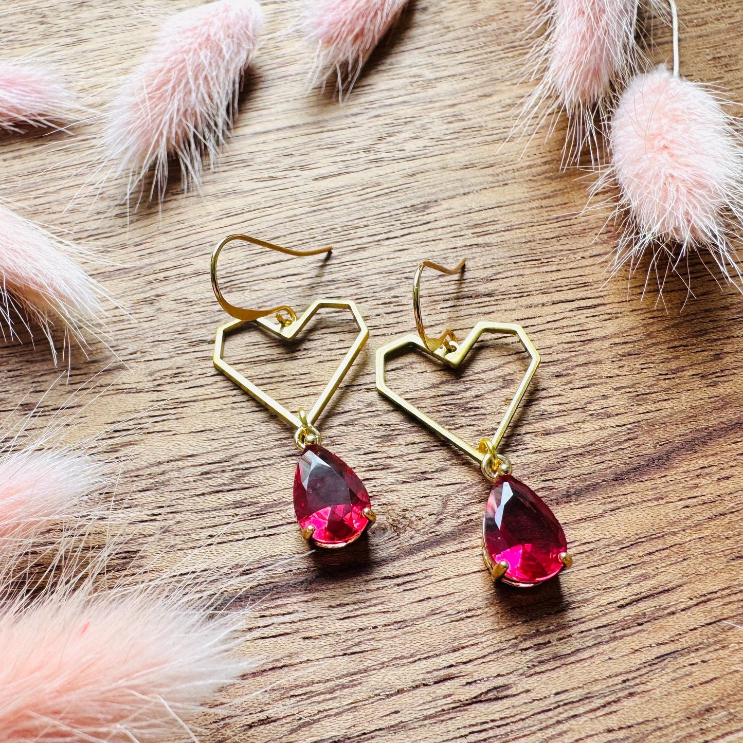 Heart Earrings Gold, Red Earrings, Fairycore, Boho Chic Earrings, Brass Dangle Earrings, Tween Jewelry, Best Friend Valentine’s Day Gift
