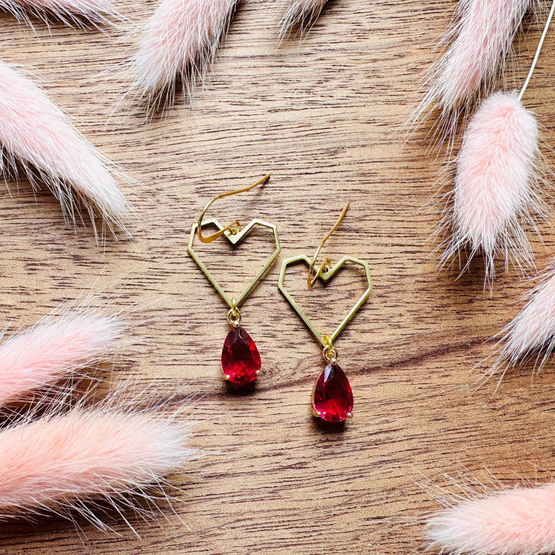 Heart Earrings Gold, Red Earrings, Fairycore, Boho Chic Earrings, Brass Dangle Earrings, Tween Jewelry, Best Friend Valentine’s Day Gift
