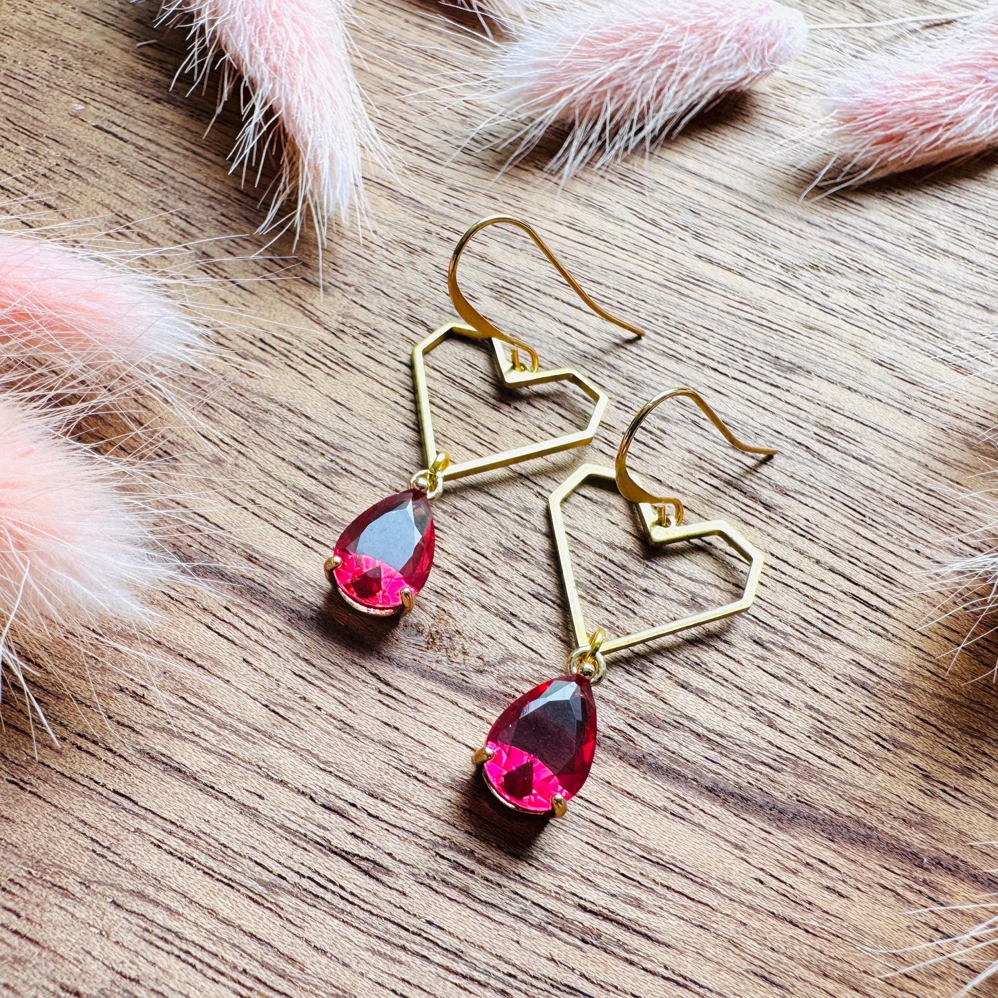 Heart Earrings Gold, Red Earrings, Fairycore, Boho Chic Earrings, Brass Dangle Earrings, Tween Jewelry, Best Friend Valentine’s Day Gift