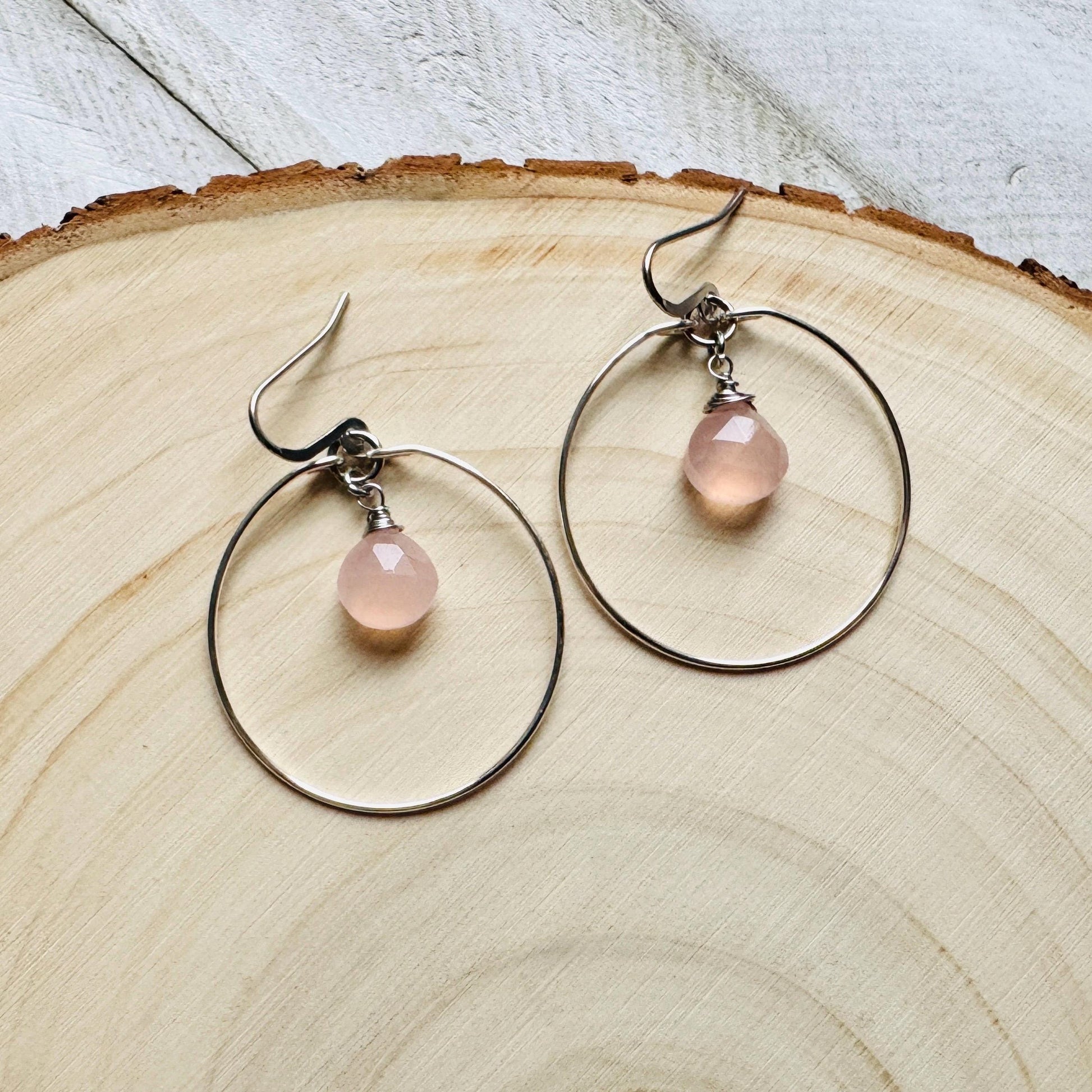 Pink Chalcedony Earrings, Boho Hoops, Minimalistic Witchy Jewelry, Natural Stone Jewelry, Best Friend Valentines Gift, Goth Girl Gifts