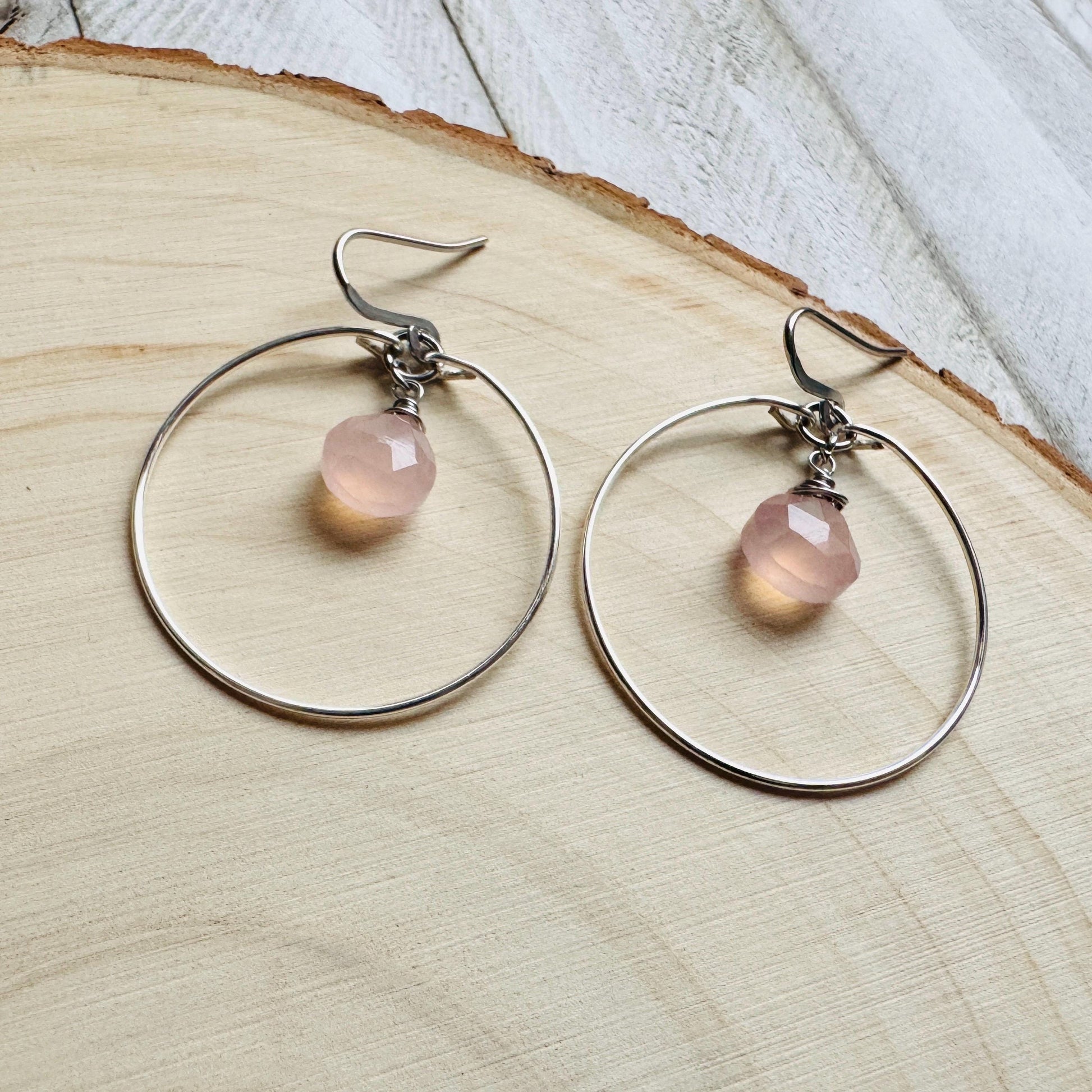 Pink Chalcedony Earrings, Boho Hoops, Minimalistic Witchy Jewelry, Natural Stone Jewelry, Best Friend Valentines Gift, Goth Girl Gifts