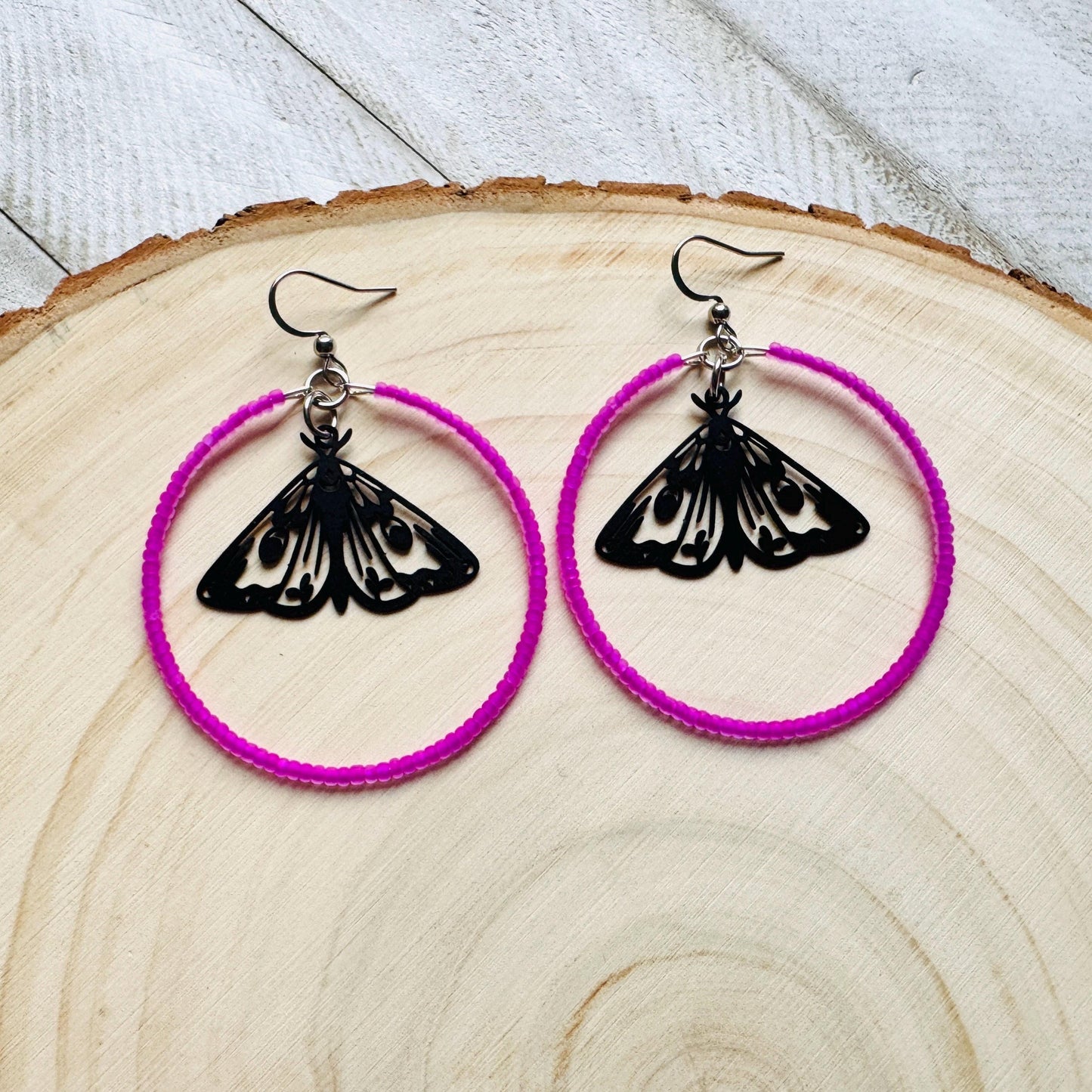 Moth Earrings, Witchy Earrings, Seed Bead Hoop Earrings, Punk Wedding, Best Friend Valentines Gift, Bug Lover Gift, Science Teacher Gift