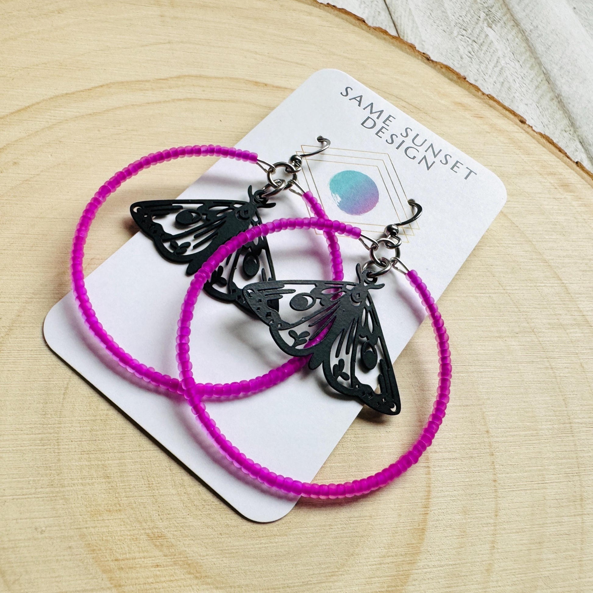 Moth Earrings, Witchy Earrings, Seed Bead Hoop Earrings, Punk Wedding, Best Friend Valentines Gift, Bug Lover Gift, Science Teacher Gift