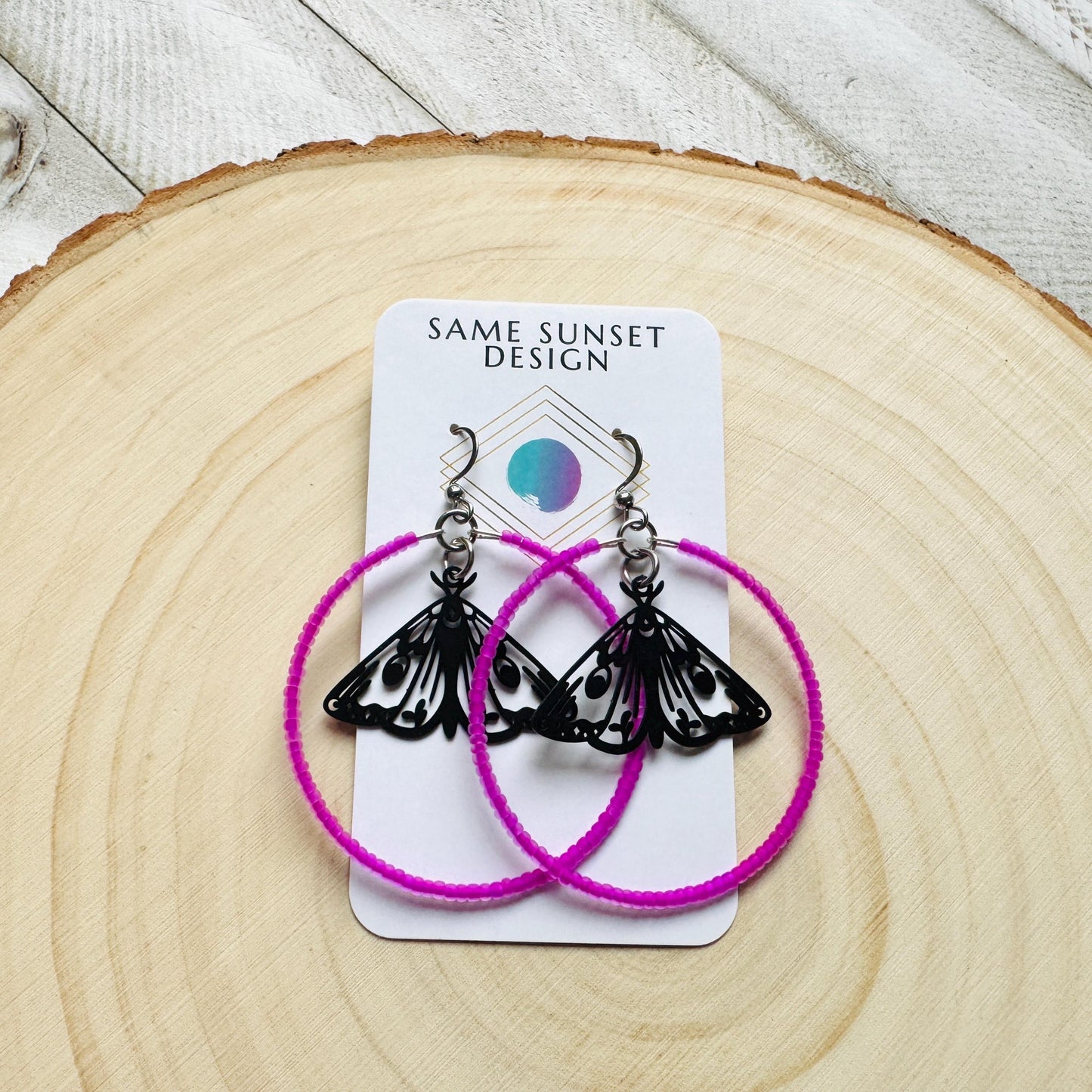 Moth Earrings, Witchy Earrings, Seed Bead Hoop Earrings, Punk Wedding, Best Friend Valentines Gift, Bug Lover Gift, Science Teacher Gift