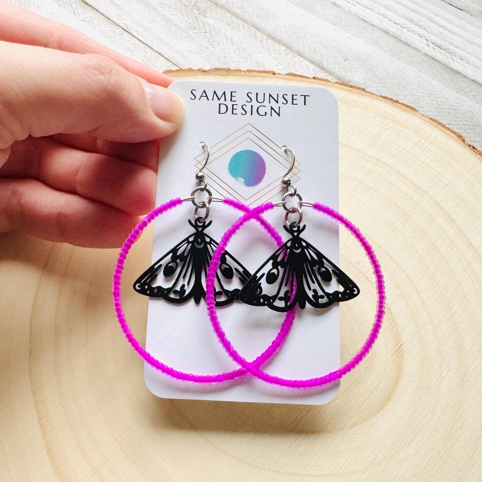 Moth Earrings, Witchy Earrings, Seed Bead Hoop Earrings, Punk Wedding, Best Friend Valentines Gift, Bug Lover Gift, Science Teacher Gift
