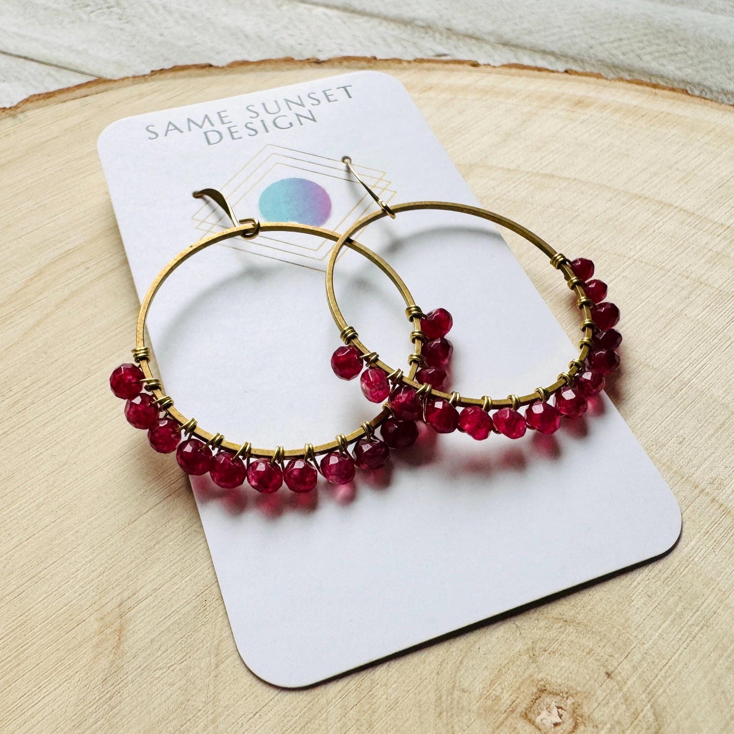 Garnet Earrings, January Earrings, Gemstone Earrings, Brass Hoops, Gold Hoop Earrings for Women, Valentines Gift for Her Jewely, Boho Chic