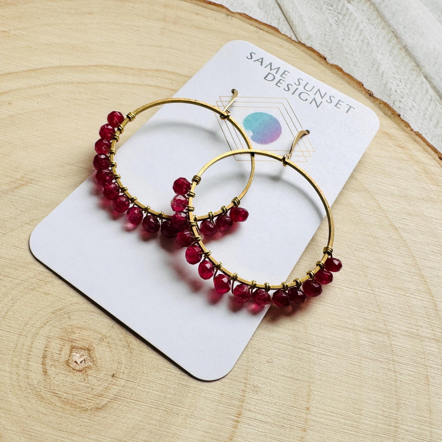 Garnet Earrings, January Earrings, Gemstone Earrings, Brass Hoops, Gold Hoop Earrings for Women, Valentines Gift for Her Jewely, Boho Chic