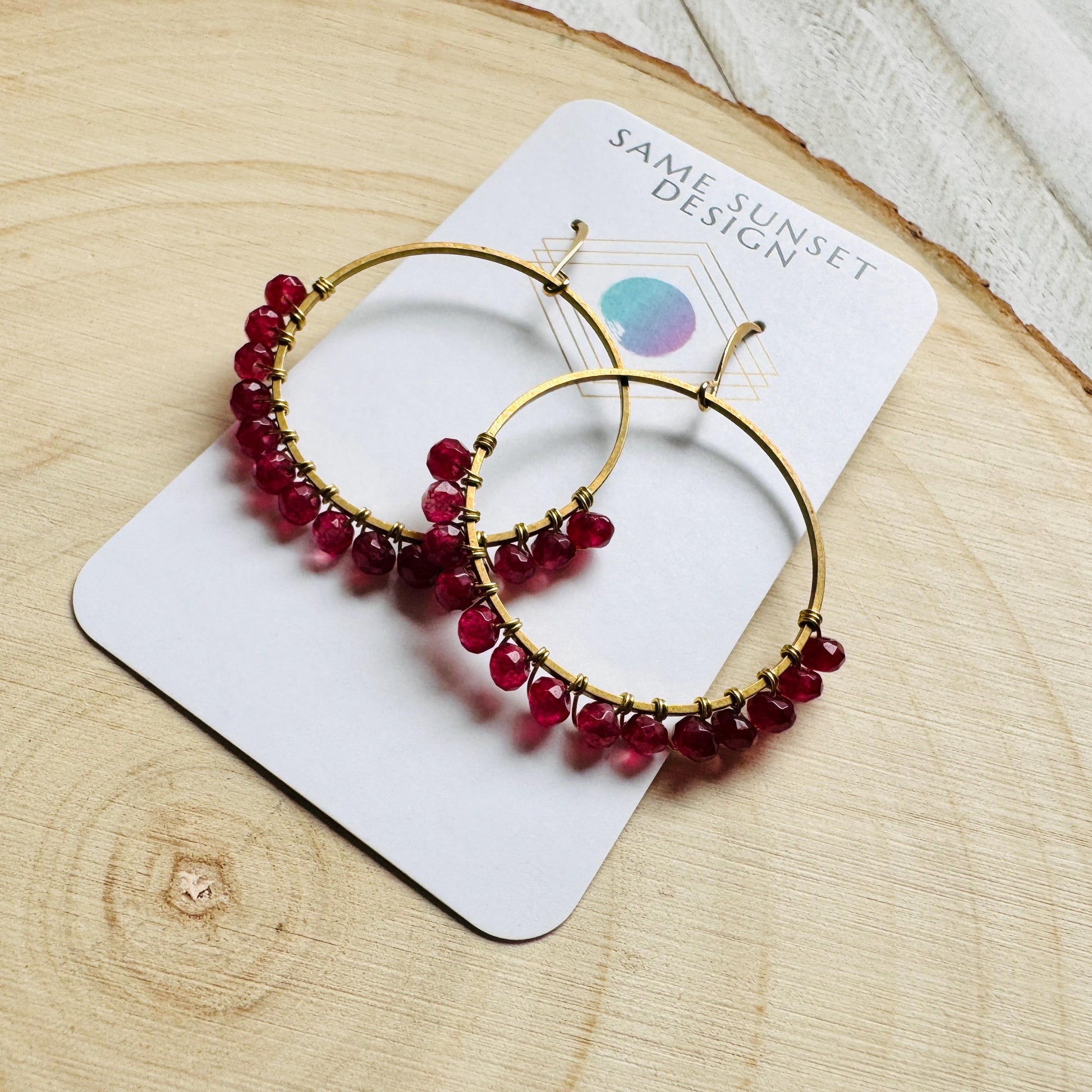Garnet Earrings, January Earrings, Gemstone Earrings, Brass Hoops, Gold Hoop Earrings for Women, Valentines Gift for Her Jewely, Boho Chic