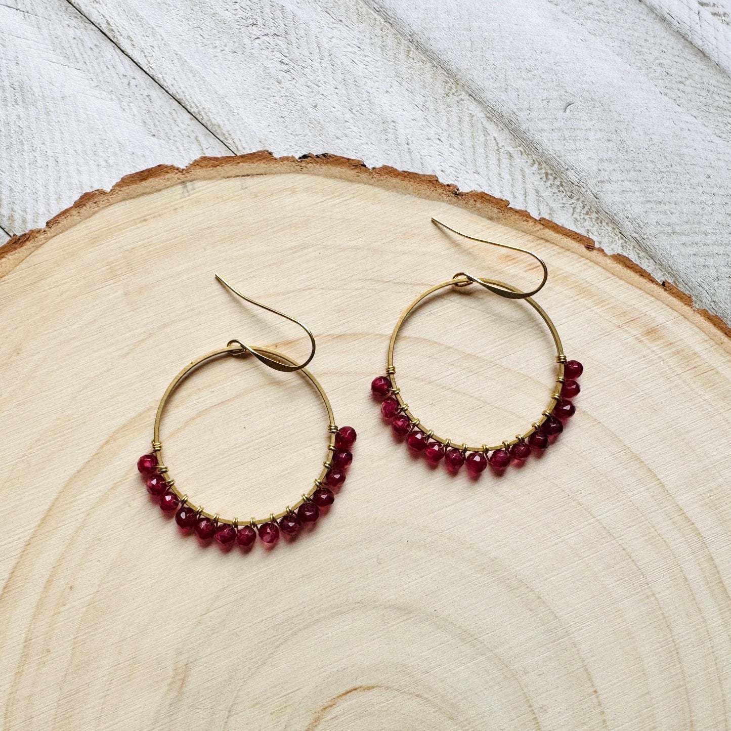 Garnet Earrings, January Earrings, Gemstone Earrings, Brass Hoops, Gold Hoop Earrings for Women, Valentines Gift for Her Jewely, Boho Chic