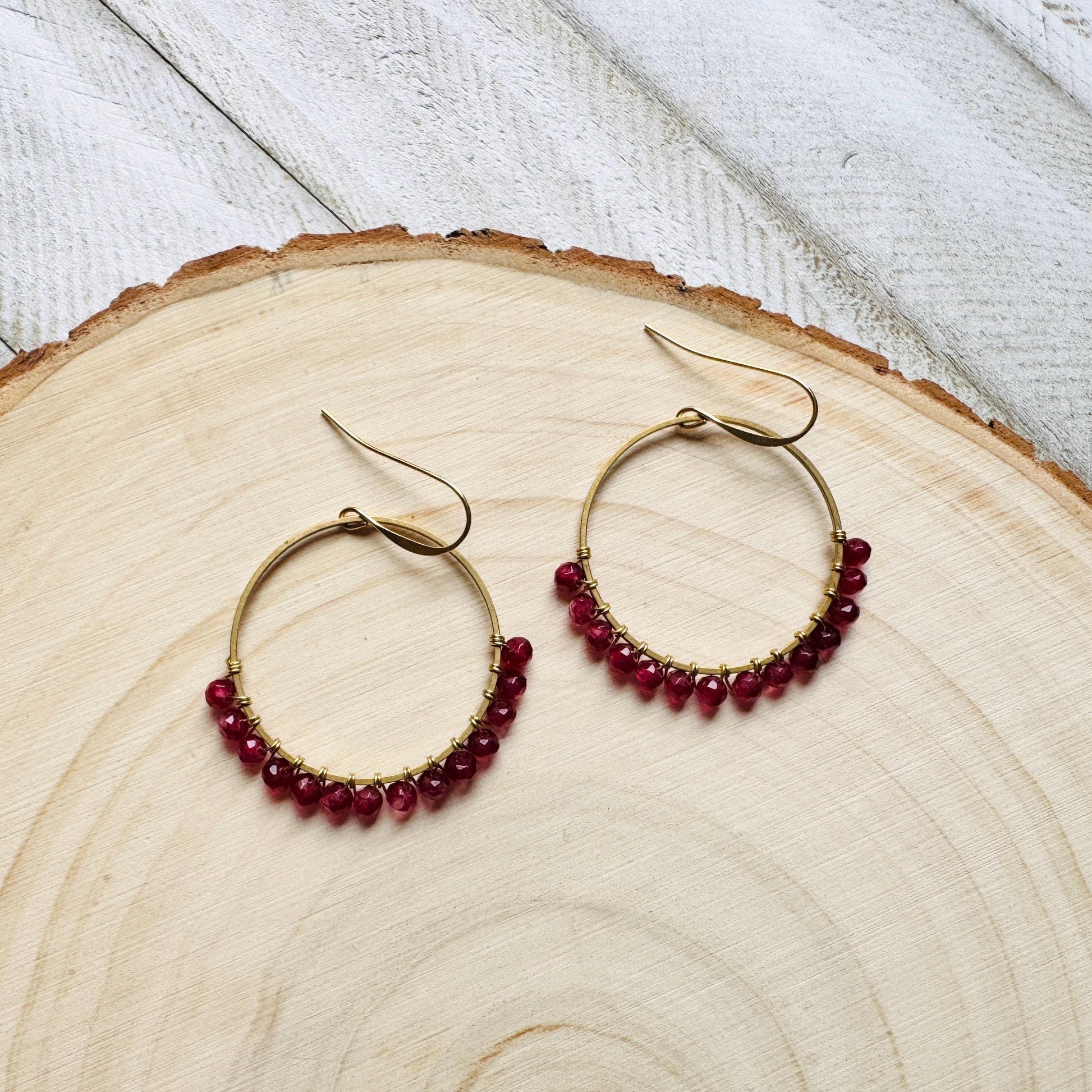 Garnet Earrings, January Earrings, Gemstone Earrings, Brass Hoops, Gold Hoop Earrings for Women, Valentines Gift for Her Jewely, Boho Chic