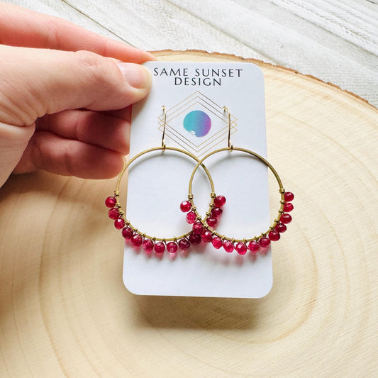 Garnet Earrings, January Earrings, Gemstone Earrings, Brass Hoops, Gold Hoop Earrings for Women, Valentines Gift for Her Jewely, Boho Chic