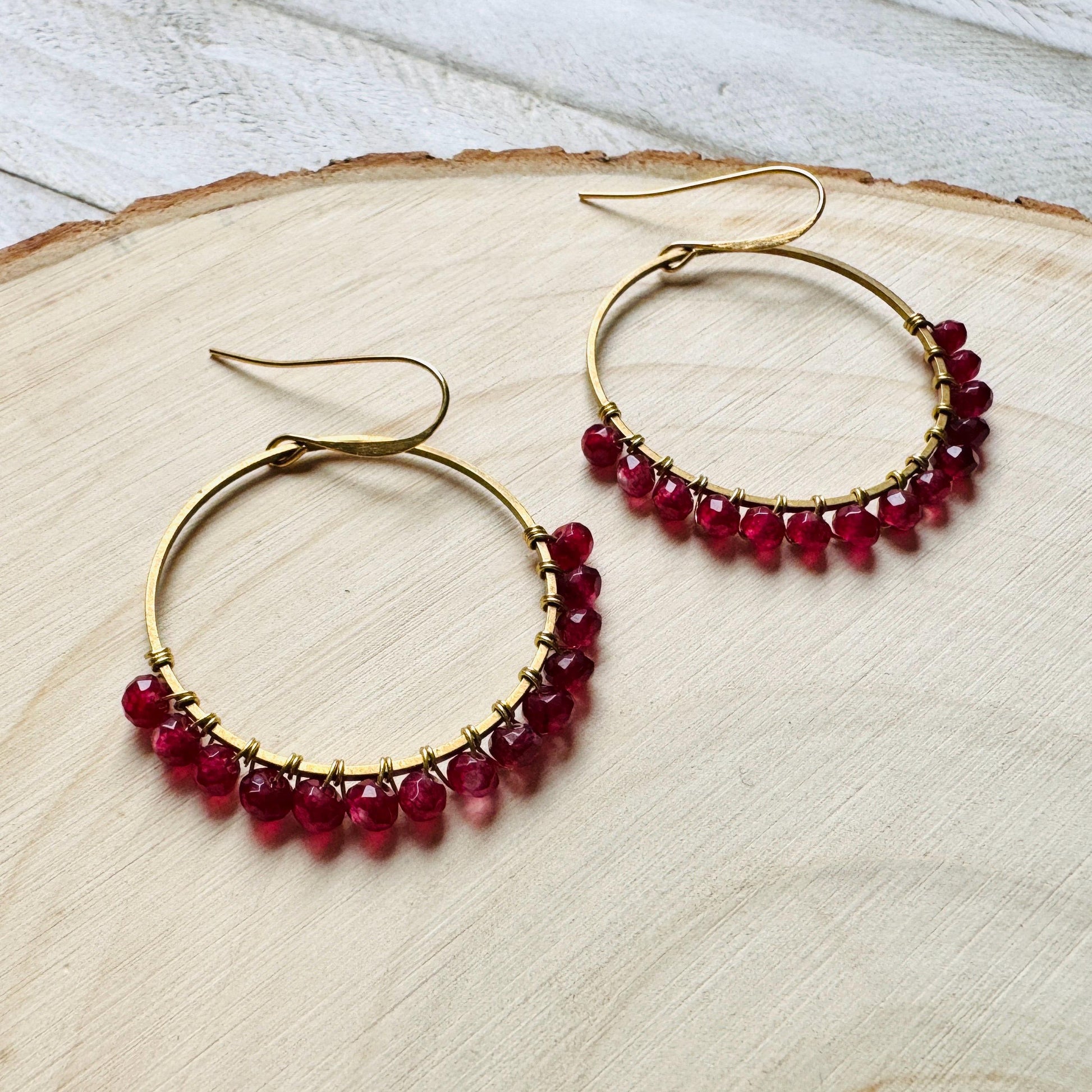 Garnet Earrings, January Earrings, Gemstone Earrings, Brass Hoops, Gold Hoop Earrings for Women, Valentines Gift for Her Jewely, Boho Chic