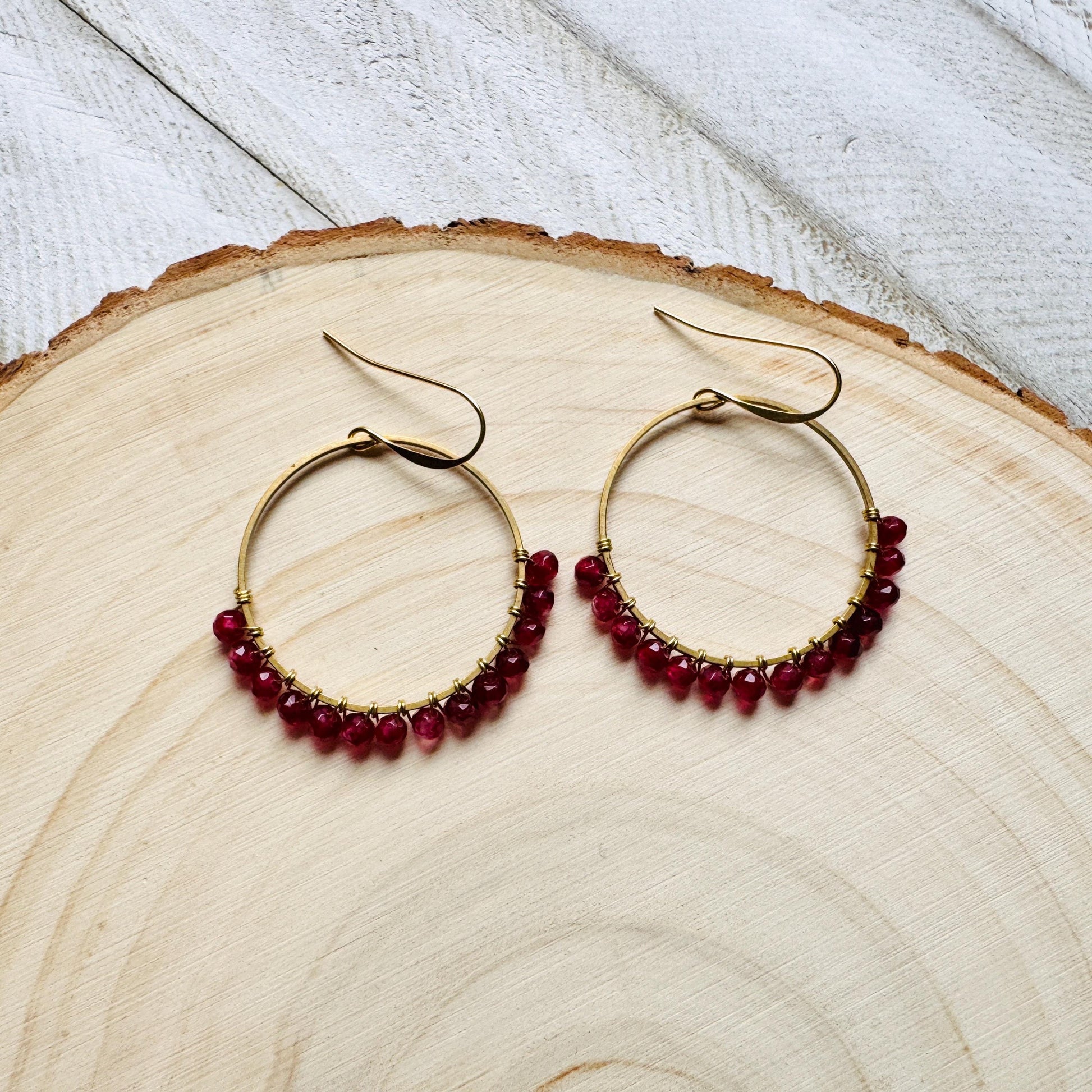 Garnet Earrings, January Earrings, Gemstone Earrings, Brass Hoops, Gold Hoop Earrings for Women, Valentines Gift for Her Jewely, Boho Chic