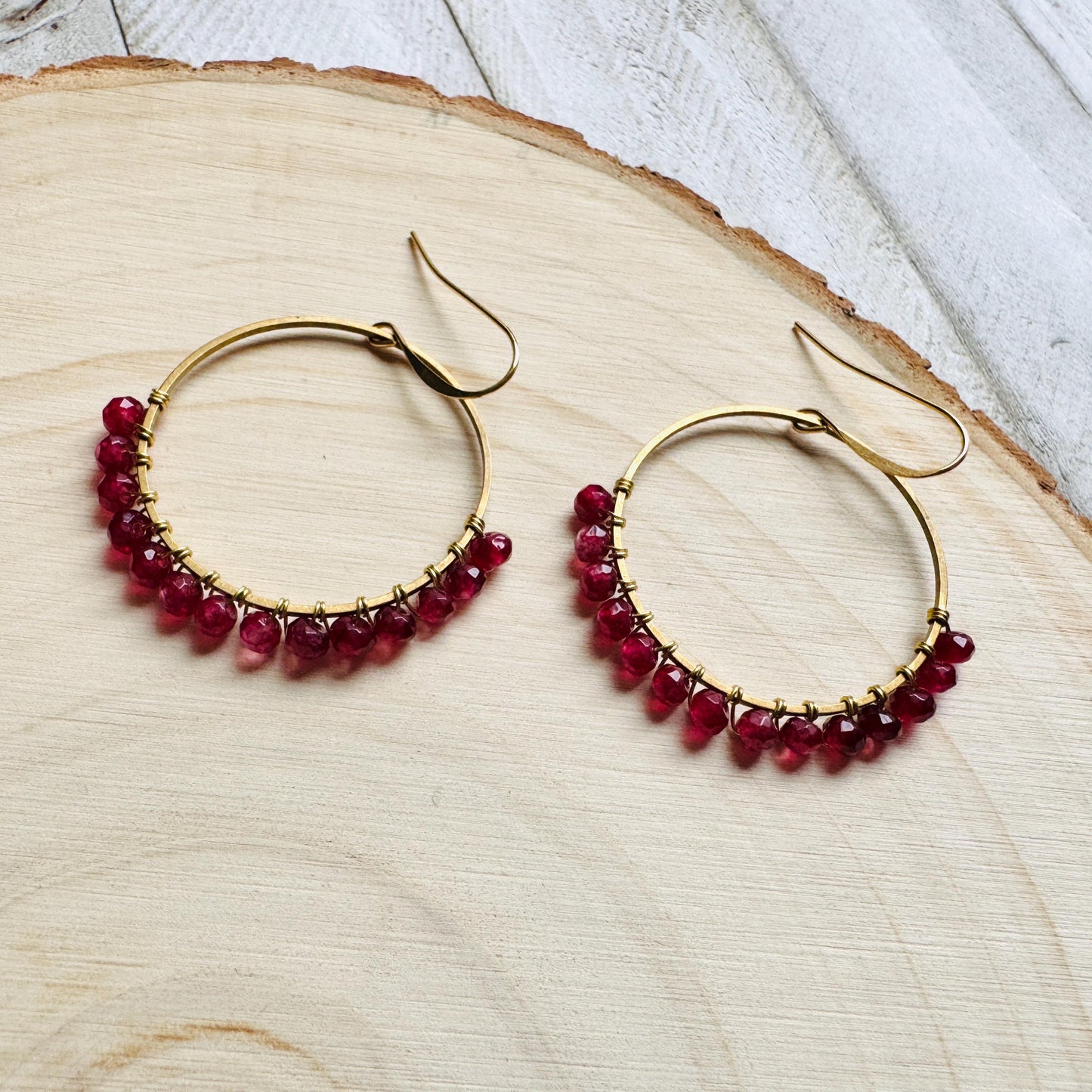Garnet Earrings, January Earrings, Gemstone Earrings, Brass Hoops, Gold Hoop Earrings for Women, Valentines Gift for Her Jewely, Boho Chic