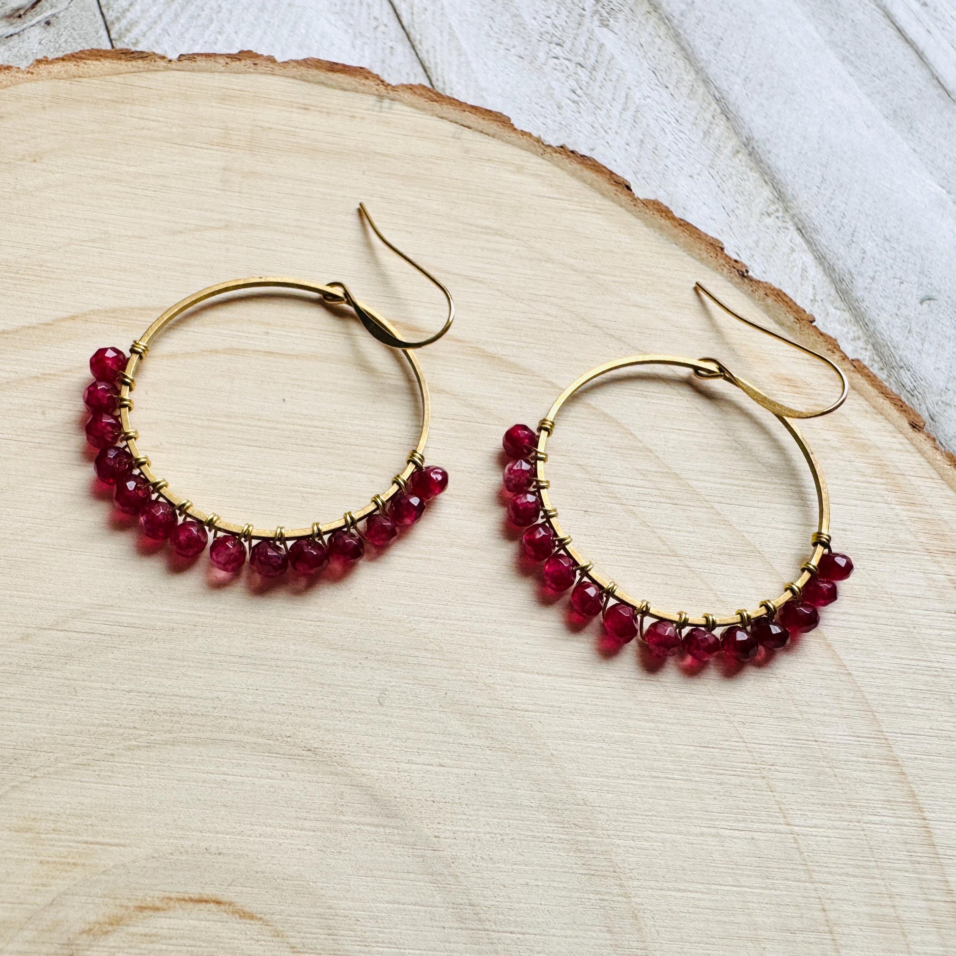 Garnet Earrings, January Earrings, Gemstone Earrings, Brass Hoops, Gold Hoop Earrings for Women, Valentines Gift for Her Jewely, Boho Chic