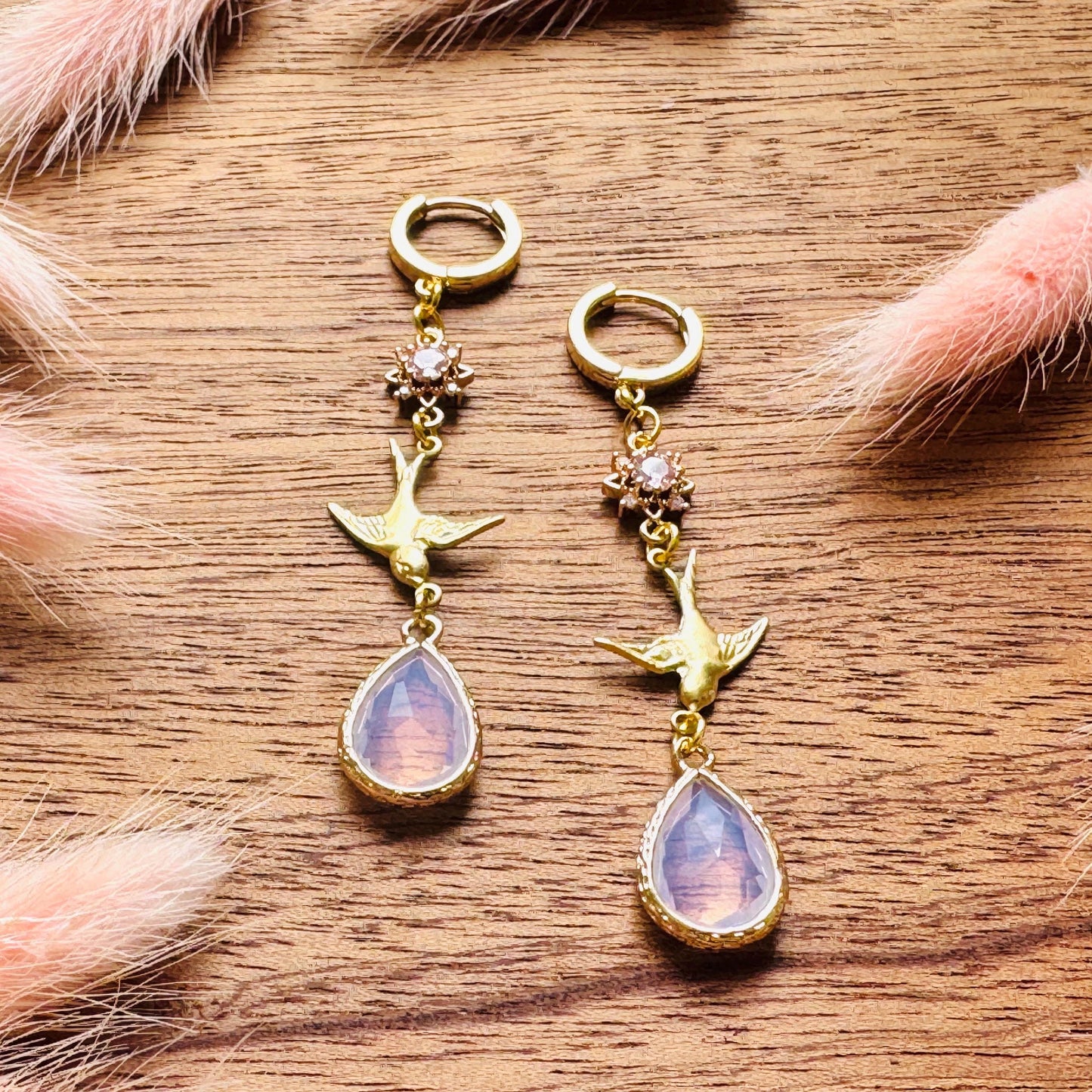 Bird Earrings, Pink Earrings, Fairycore Jewelry Gold, Science Teacher Gift, Bridal Jewelry, Boho Chic Earrings, Galentines Gift for Friends