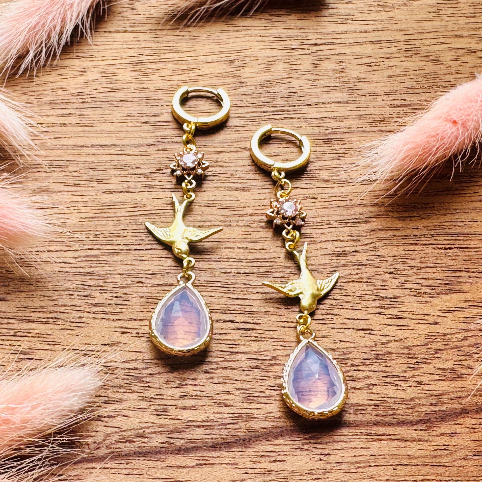 Bird Earrings, Pink Earrings, Fairycore Jewelry Gold, Science Teacher Gift, Bridal Jewelry, Boho Chic Earrings, Galentines Gift for Friends