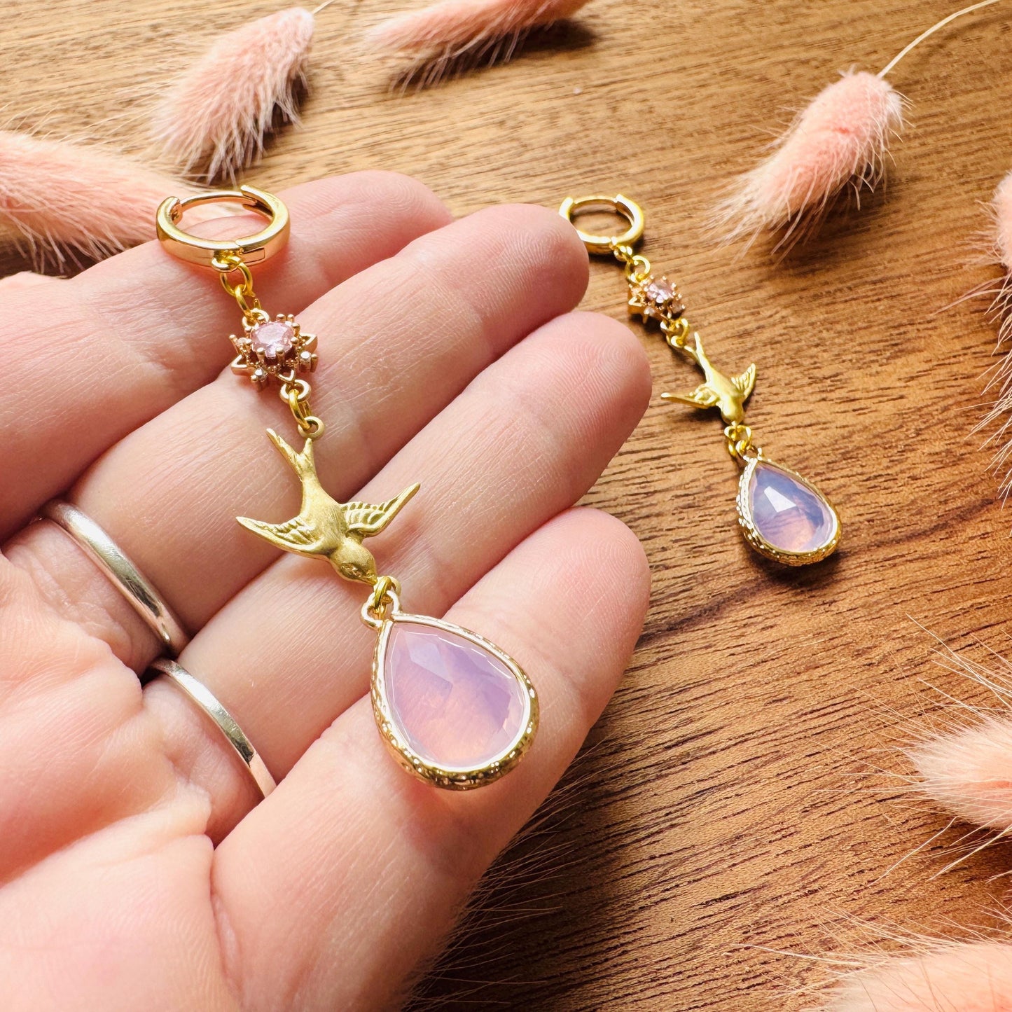Bird Earrings, Pink Earrings, Fairycore Jewelry Gold, Science Teacher Gift, Bridal Jewelry, Boho Chic Earrings, Galentines Gift for Friends