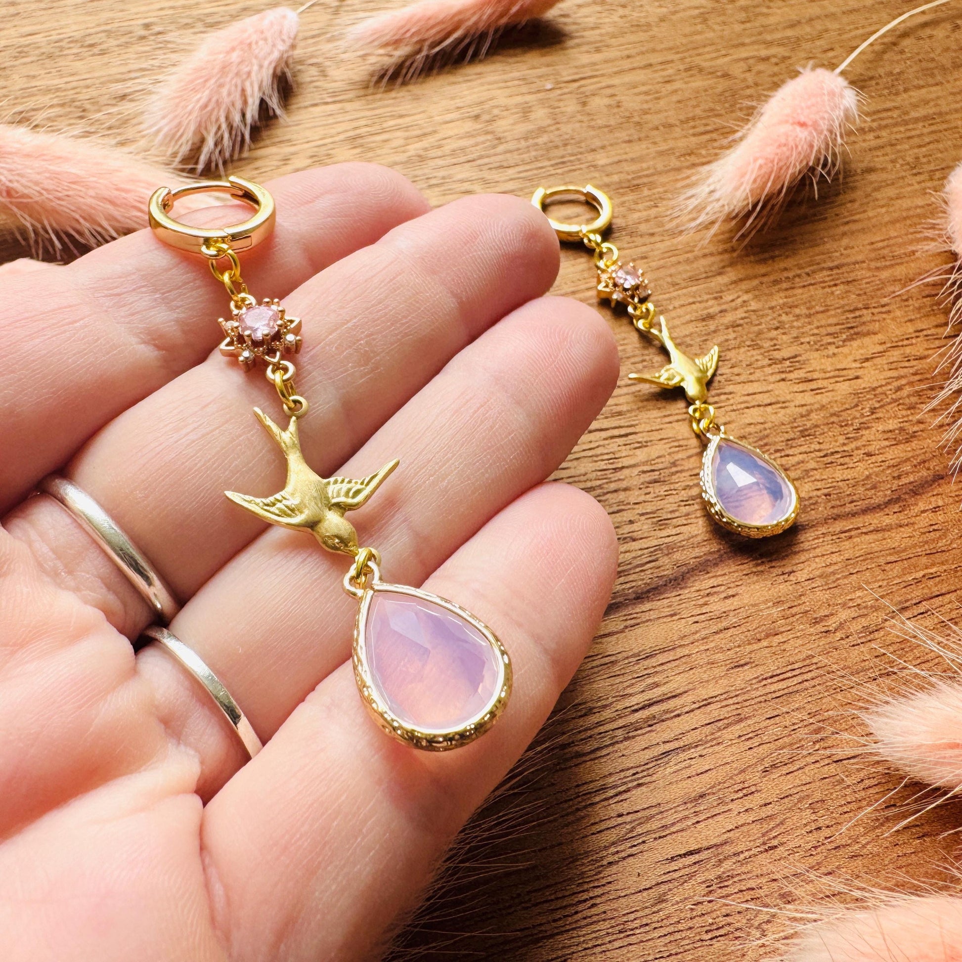 Bird Earrings, Pink Earrings, Fairycore Jewelry Gold, Science Teacher Gift, Bridal Jewelry, Boho Chic Earrings, Galentines Gift for Friends