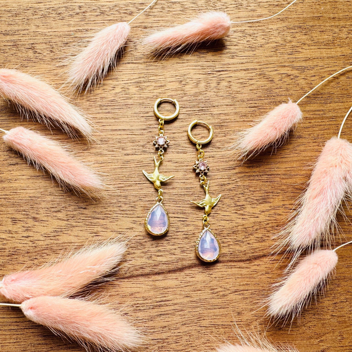 Bird Earrings, Pink Earrings, Fairycore Jewelry Gold, Science Teacher Gift, Bridal Jewelry, Boho Chic Earrings, Galentines Gift for Friends