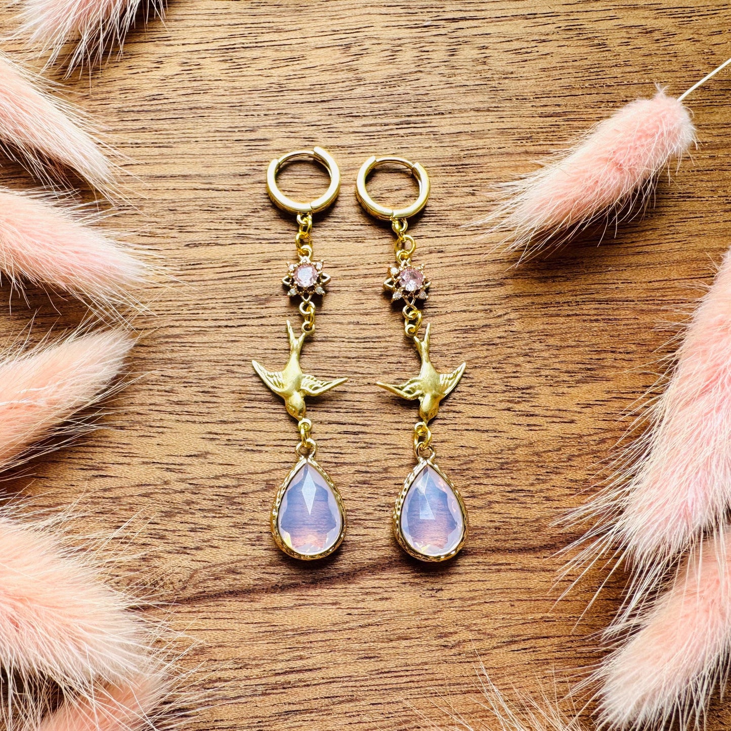 Bird Earrings, Pink Earrings, Fairycore Jewelry Gold, Science Teacher Gift, Bridal Jewelry, Boho Chic Earrings, Galentines Gift for Friends