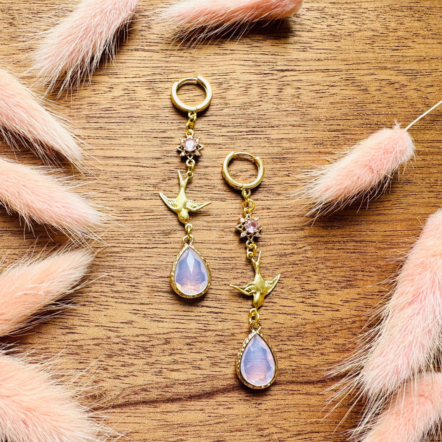 Bird Earrings, Pink Earrings, Fairycore Jewelry Gold, Science Teacher Gift, Bridal Jewelry, Boho Chic Earrings, Galentines Gift for Friends