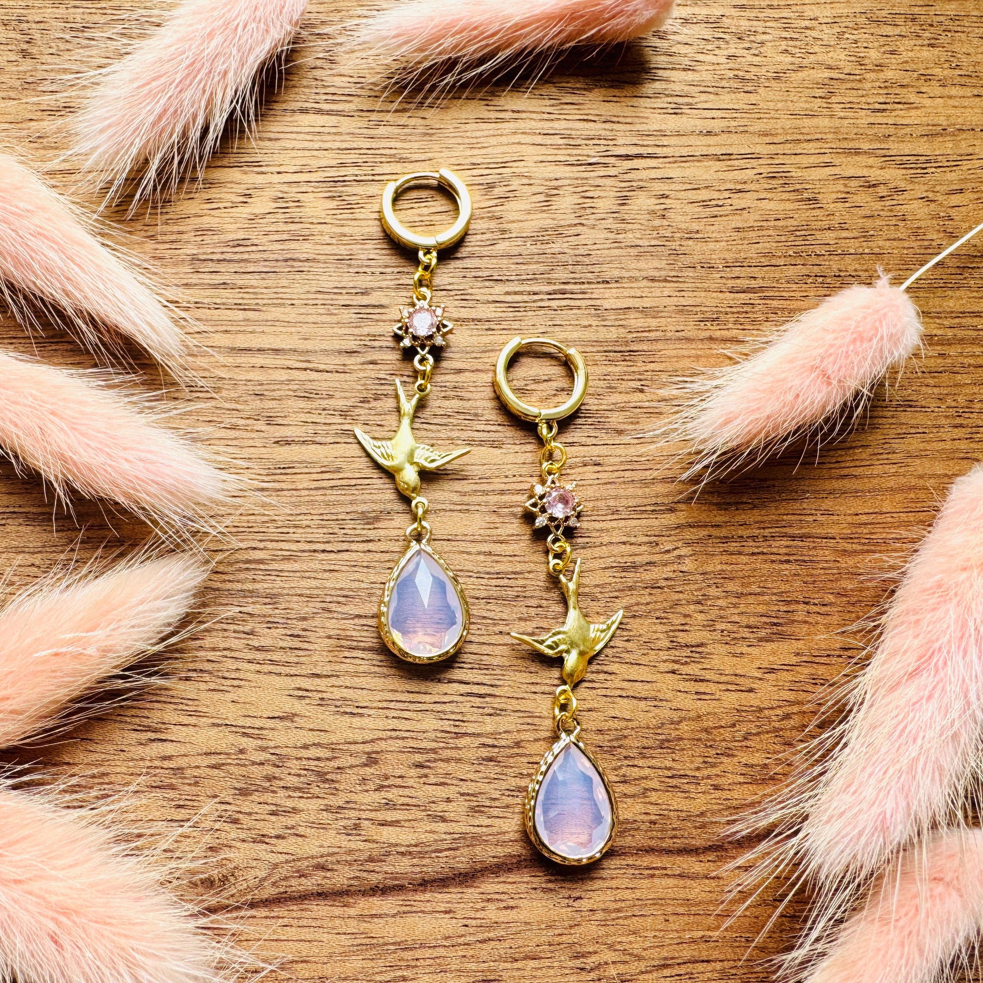 Bird Earrings, Pink Earrings, Fairycore Jewelry Gold, Science Teacher Gift, Bridal Jewelry, Boho Chic Earrings, Galentines Gift for Friends