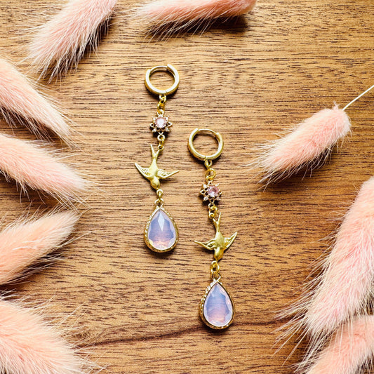 Bird Earrings, Pink Earrings, Fairycore Jewelry Gold, Science Teacher Gift, Bridal Jewelry, Boho Chic Earrings, Galentines Gift for Friends