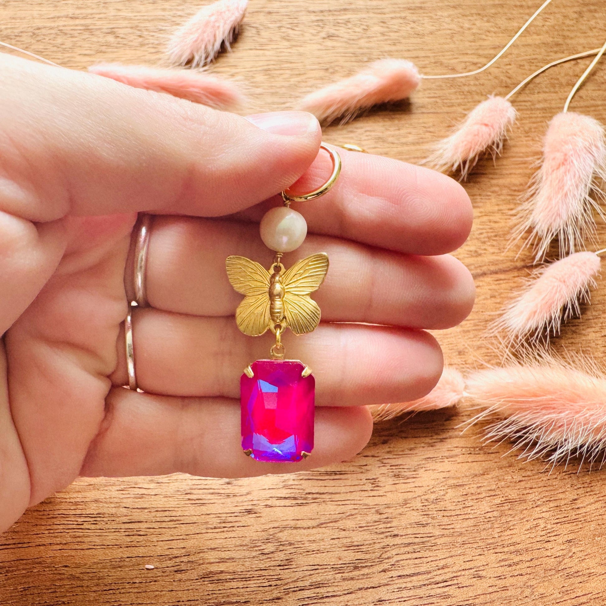 Butterfly Earrings, Pearl Earrings, Pink Earrings, Boho Hippie Jewelry, Huggie Hoops, Coquette Earrings Dangle, Galentine’s Gift for Friends