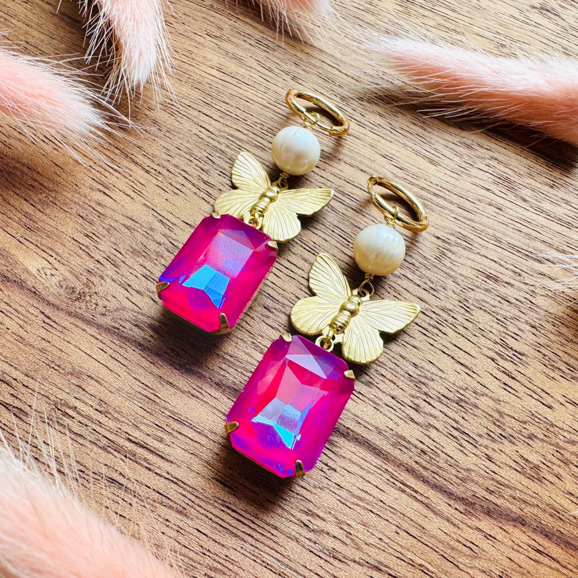 Butterfly Earrings, Pearl Earrings, Pink Earrings, Boho Hippie Jewelry, Huggie Hoops, Coquette Earrings Dangle, Galentine’s Gift for Friends