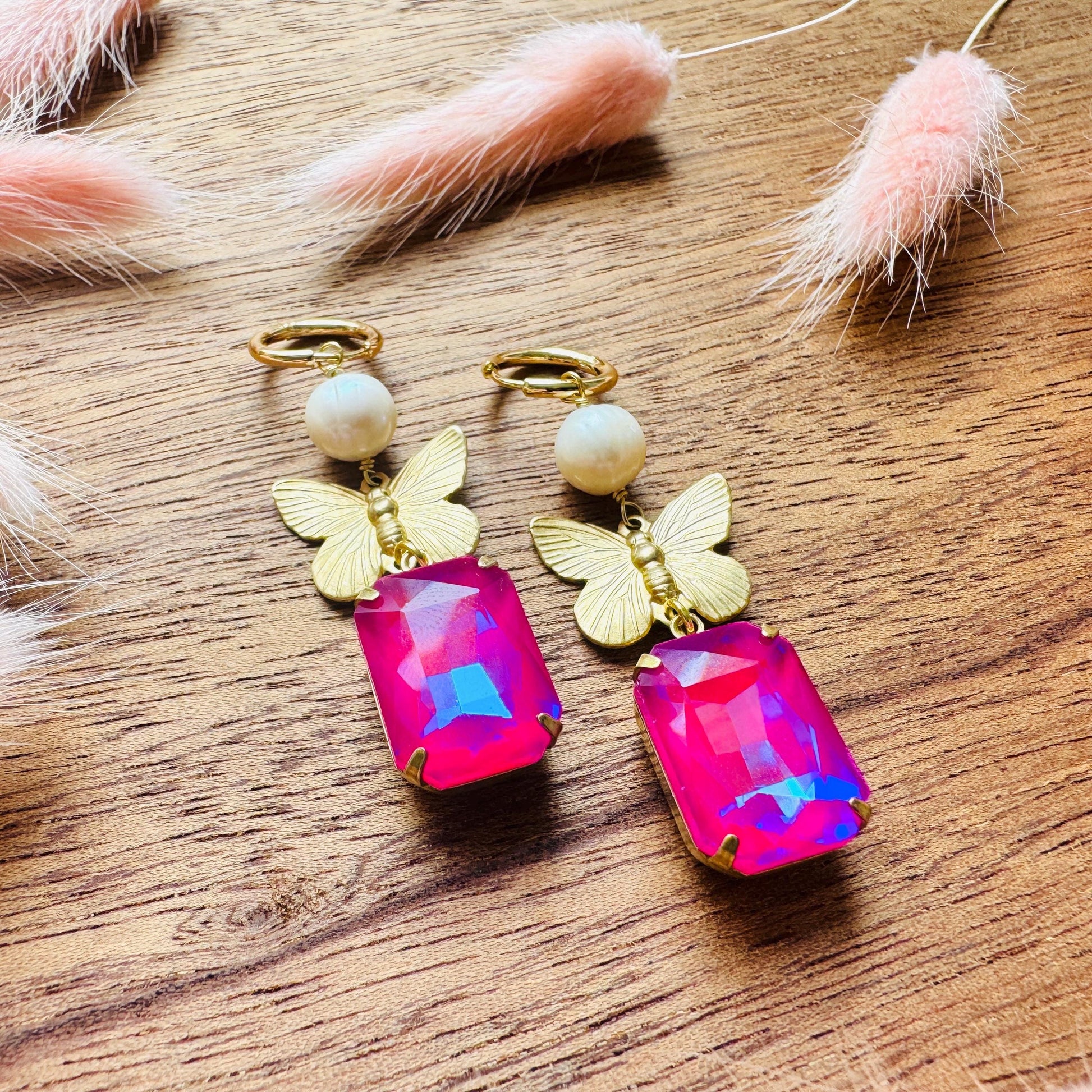 Butterfly Earrings, Pearl Earrings, Pink Earrings, Boho Hippie Jewelry, Huggie Hoops, Coquette Earrings Dangle, Galentine’s Gift for Friends