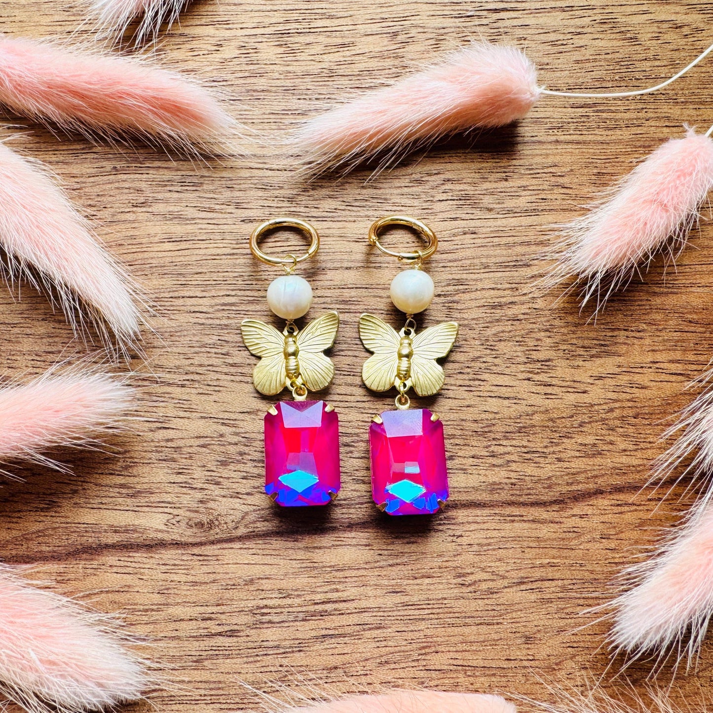 Butterfly Earrings, Pearl Earrings, Pink Earrings, Boho Hippie Jewelry, Huggie Hoops, Coquette Earrings Dangle, Galentine’s Gift for Friends