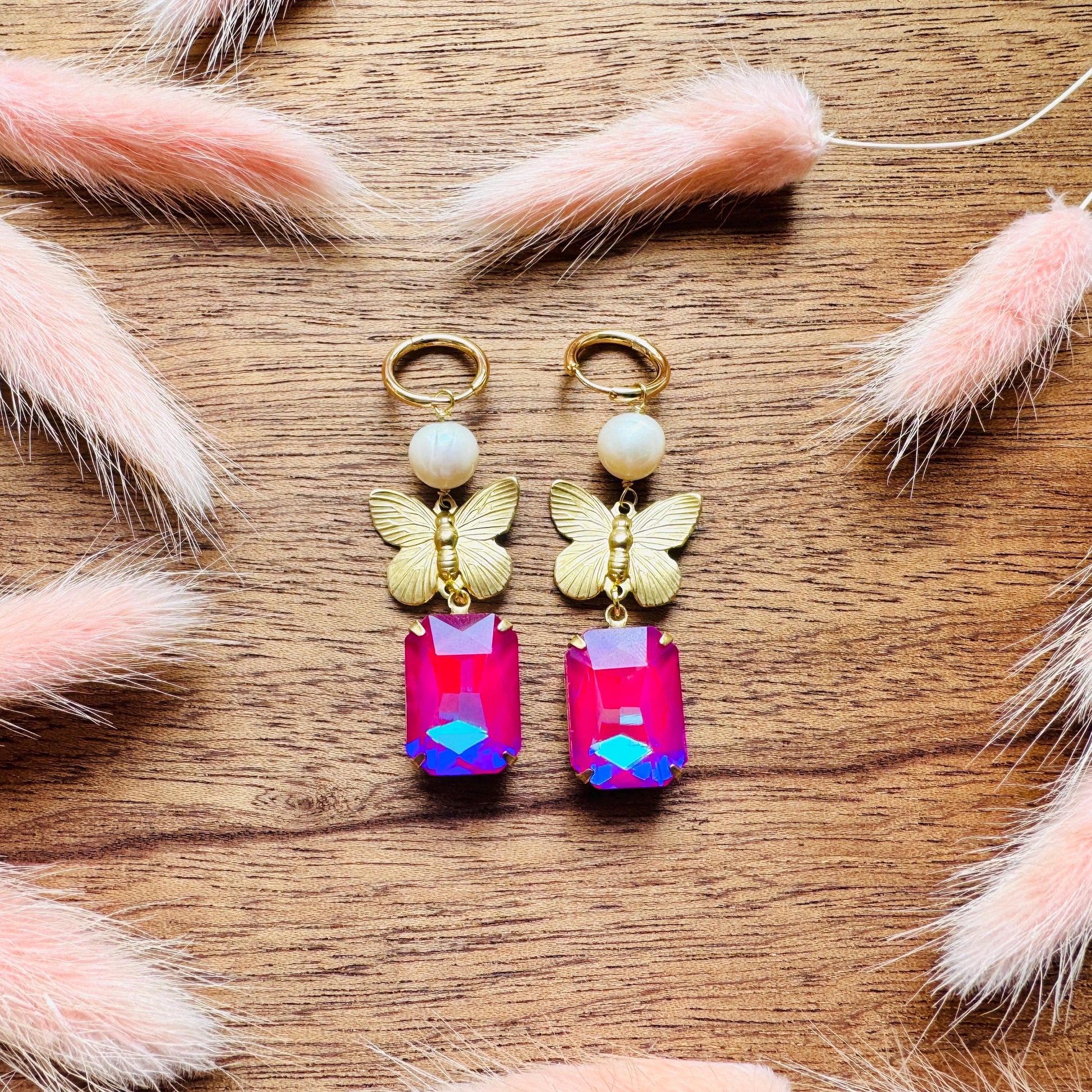 Butterfly Earrings, Pearl Earrings, Pink Earrings, Boho Hippie Jewelry, Huggie Hoops, Coquette Earrings Dangle, Galentine’s Gift for Friends