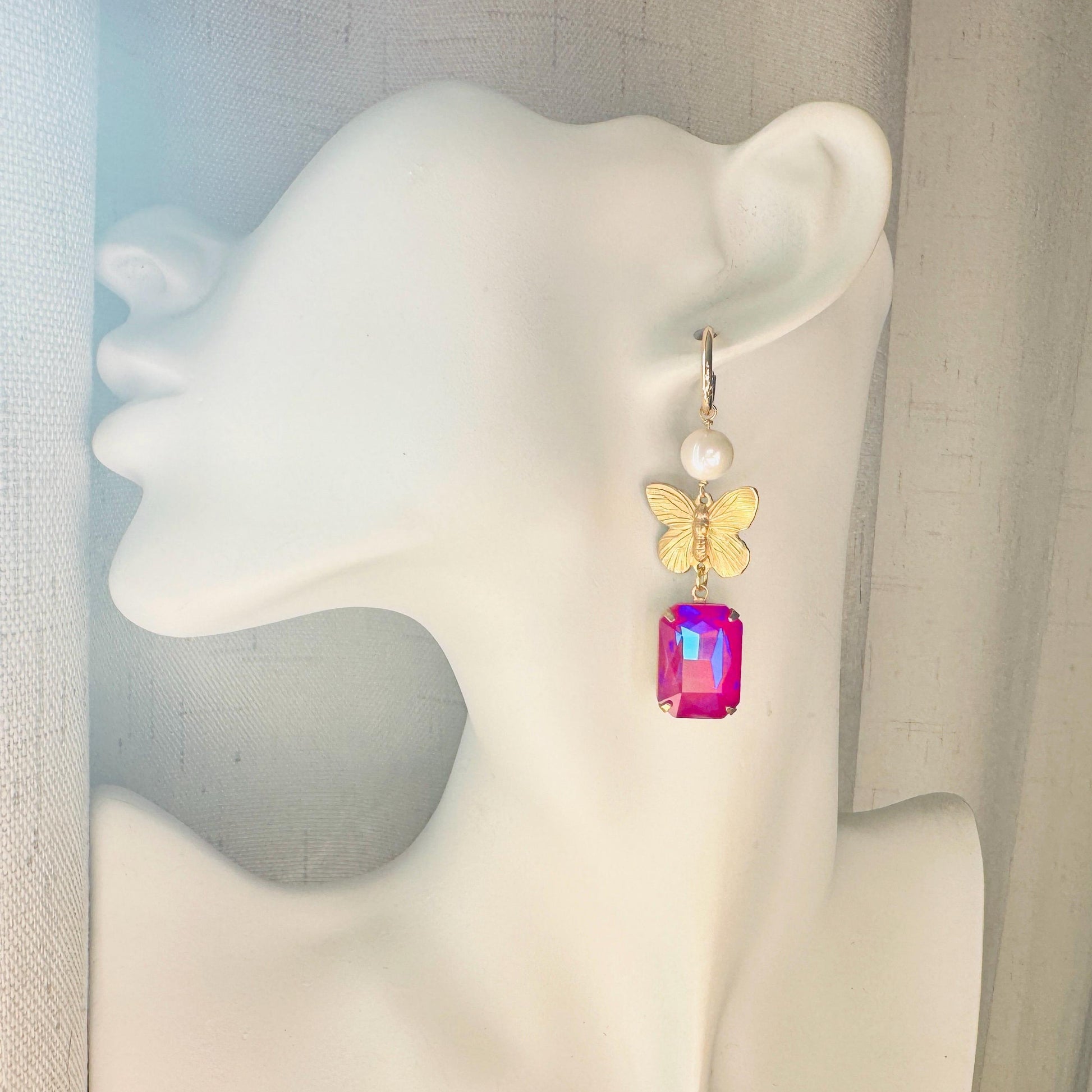 Butterfly Earrings, Pearl Earrings, Pink Earrings, Boho Hippie Jewelry, Huggie Hoops, Coquette Earrings Dangle, Galentine’s Gift for Friends