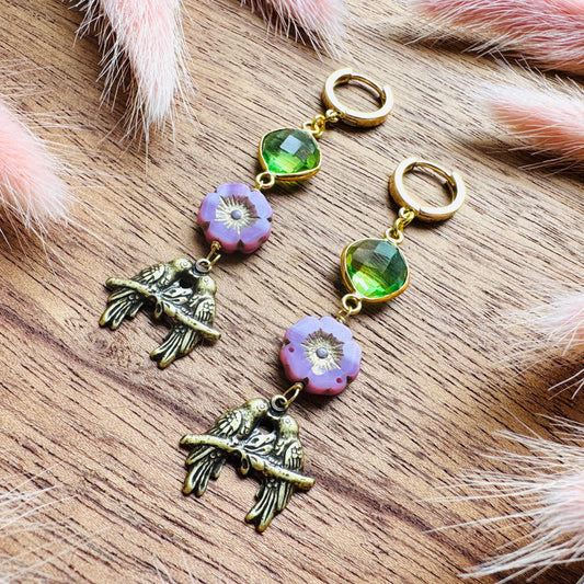 Bird Earrings, Flower Jewelry, Fairycore Jewelry Gold, Science Teacher Gift, Bridal Jewelry, Boho Chic Earrings, Galentines Gift for Friends