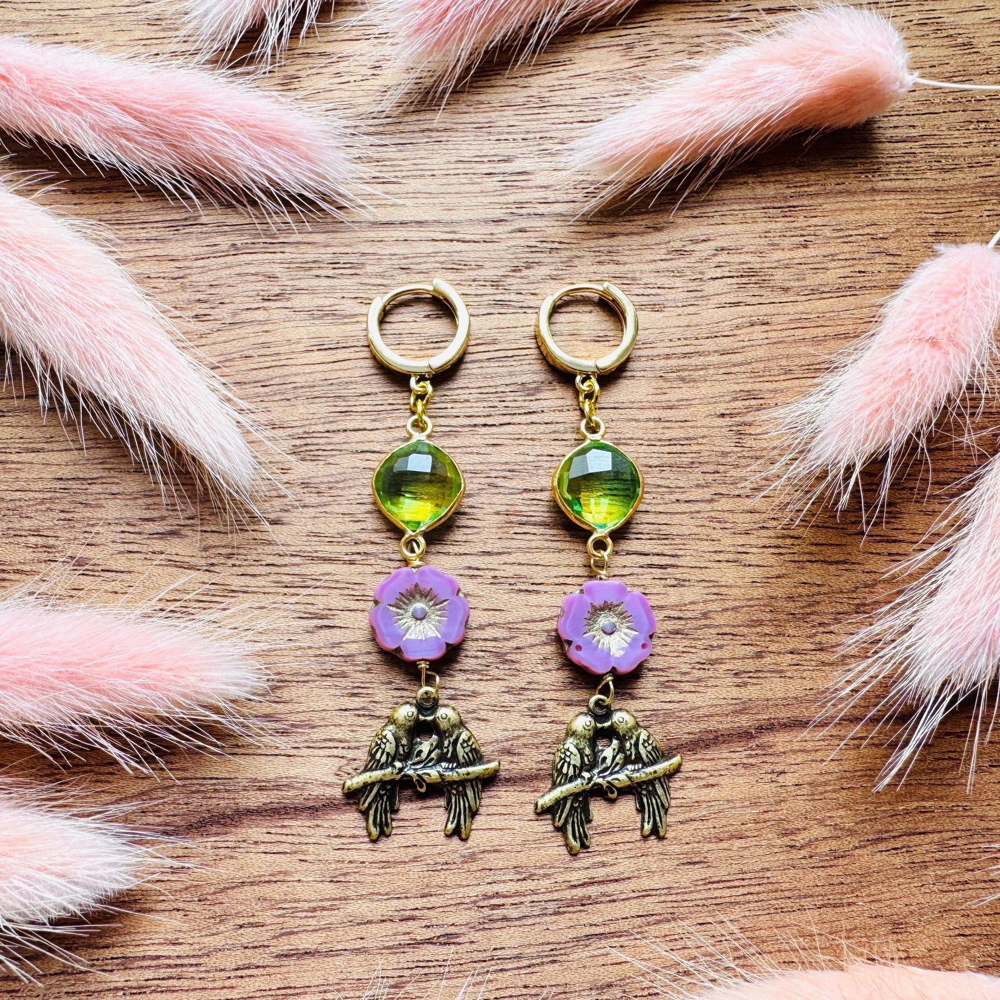 Bird Earrings, Flower Jewelry, Fairycore Jewelry Gold, Science Teacher Gift, Bridal Jewelry, Boho Chic Earrings, Galentines Gift for Friends