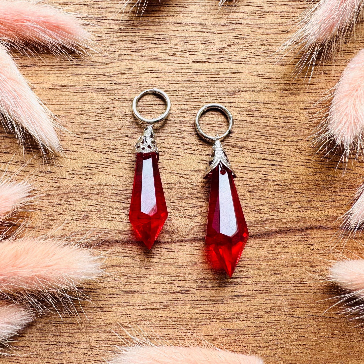 Glass Crystal Earrings, Red Earrings, Huggie Hoops, Boho Chic Earrings, Stainless Steel, Valentines Day Gift, Love Gifts for Daughter