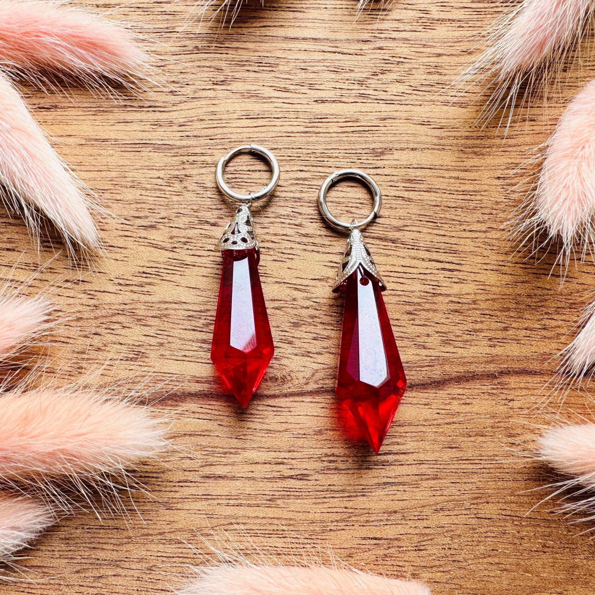 Glass Crystal Earrings, Red Earrings, Huggie Hoops, Boho Chic Earrings, Stainless Steel, Valentines Day Gift, Love Gifts for Daughter