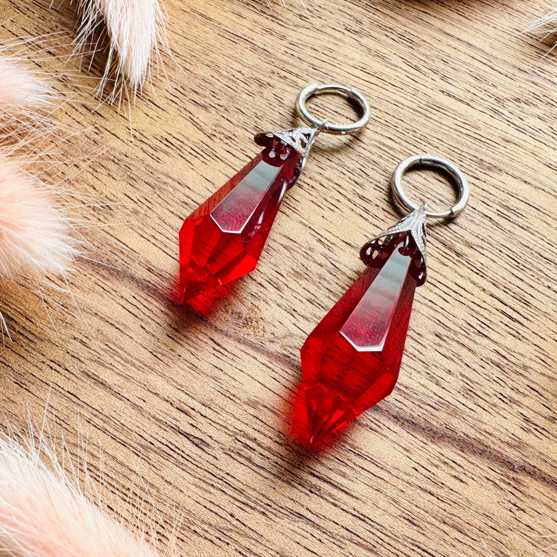Glass Crystal Earrings, Red Earrings, Huggie Hoops, Boho Chic Earrings, Stainless Steel, Valentines Day Gift, Love Gifts for Daughter